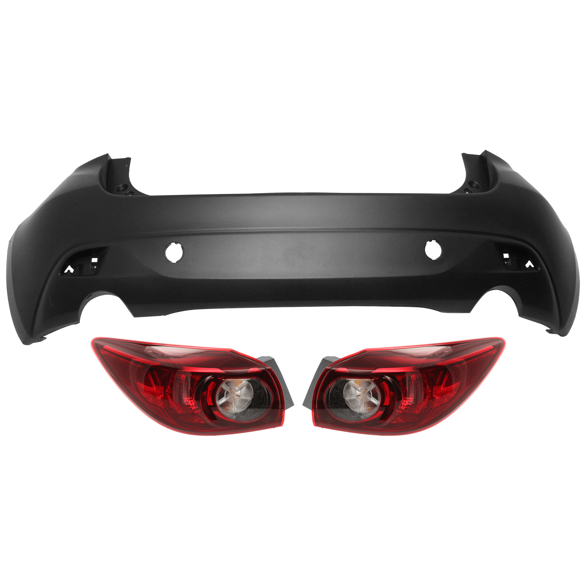 AM 3 SPORT MAZDA 3-14-16 REAR BUMPER COVER 3 pc Kit Primed w o Parking Aid Sensor Holes with Tail Light SKU KIT 081526 GB487 Partslink MA1100216 MA2805115 MA2804115 OEM BJT650221ABB BHP151150C BHP151