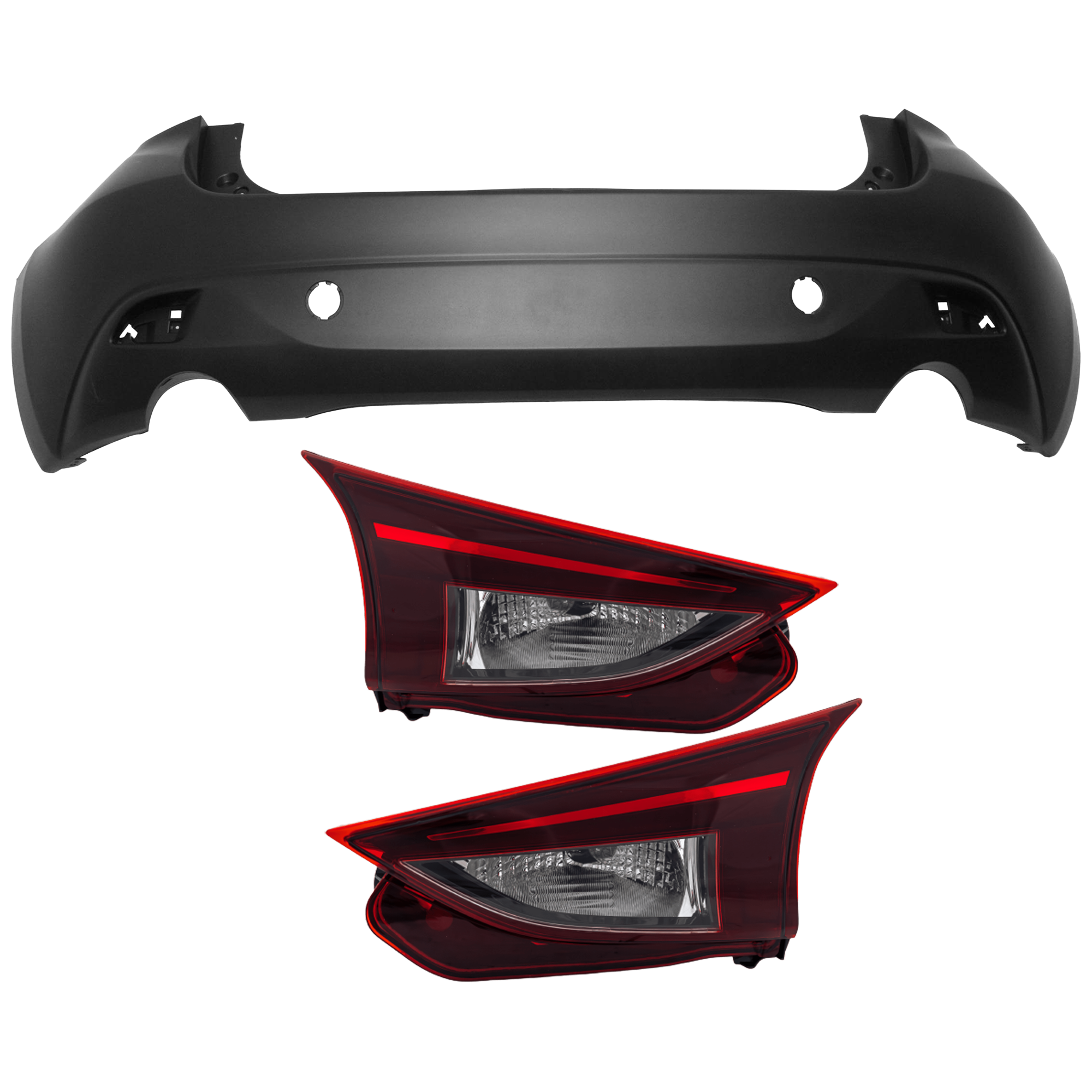 AM 3 SPORT MAZDA 3-14-16 REAR BUMPER COVER 3 pc Kit Primed w o Parking Aid Sensor Holes with Tail Light SKU KIT 081526 GB488 Partslink MA1100216 MA2803114 MA2802114 OEM BJT650221ABB B45C513F0B B45C51