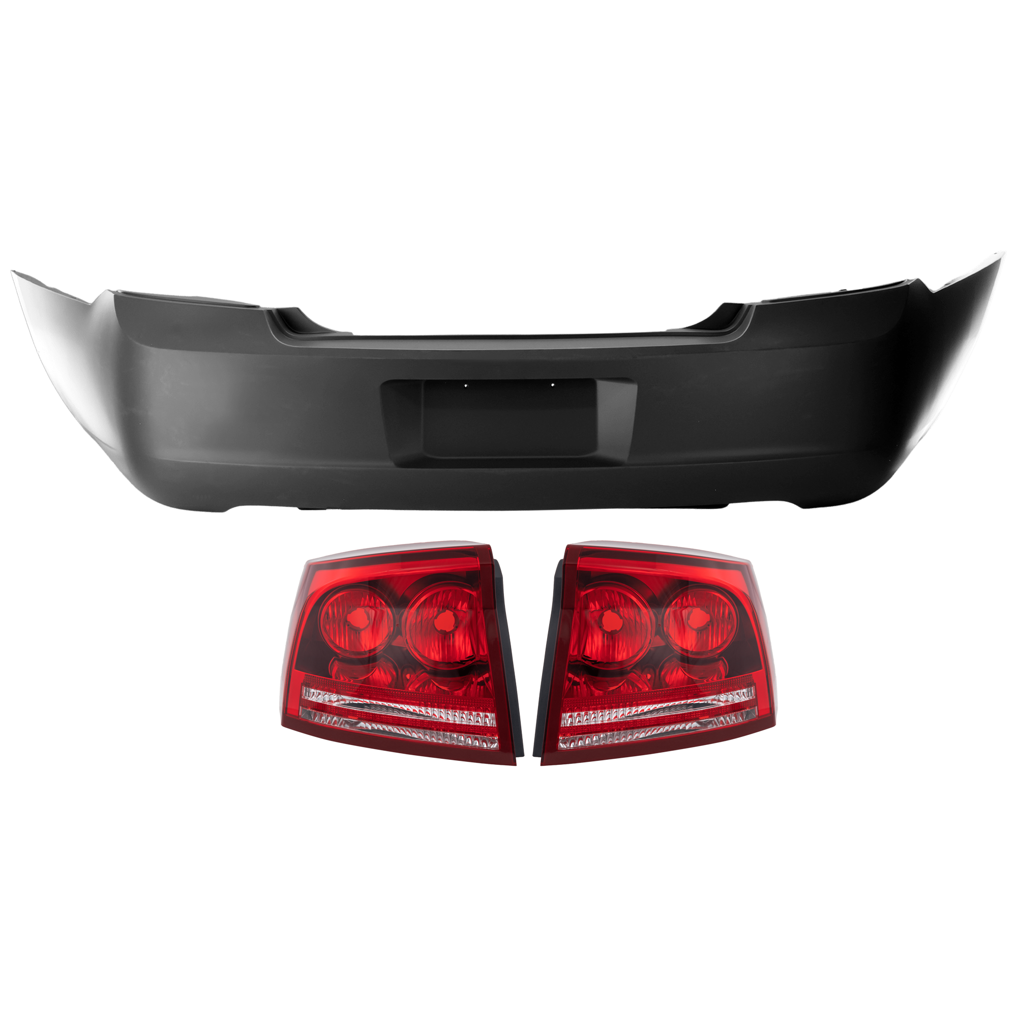 AM CHARGER 06-08 REAR BUMPER COVER 3 pc Kit Primed w License Plate Provision w o Tow Hook Hole and Parking Aid Sensor Holes with Tail Light SKU KIT 081526 GB497 Partslink CH1100408 CH2819105 CH2818105 OEM 4806188AD 5174406AA 5174407AA