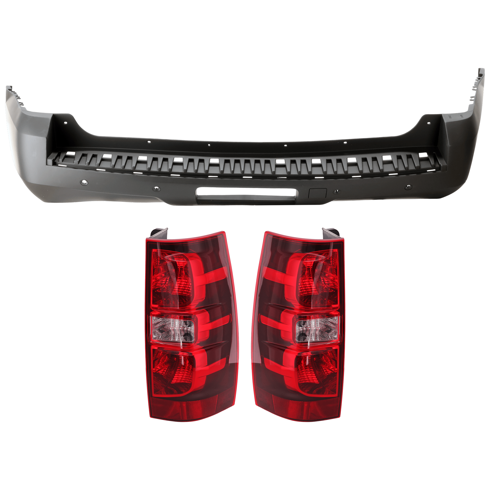 AM TAHOE 07-14 REAR BUMPER COVER 3 pc Kit Primed w Step Pad Provision Tow Hook Hole and Parking Aid Sensor Holes w o License Plate Provision with Tail Light SKU KIT 081526 GB499 Partslink GM1100783 GM2801196 GM2800196 OEM 20951793-22837924-22837923