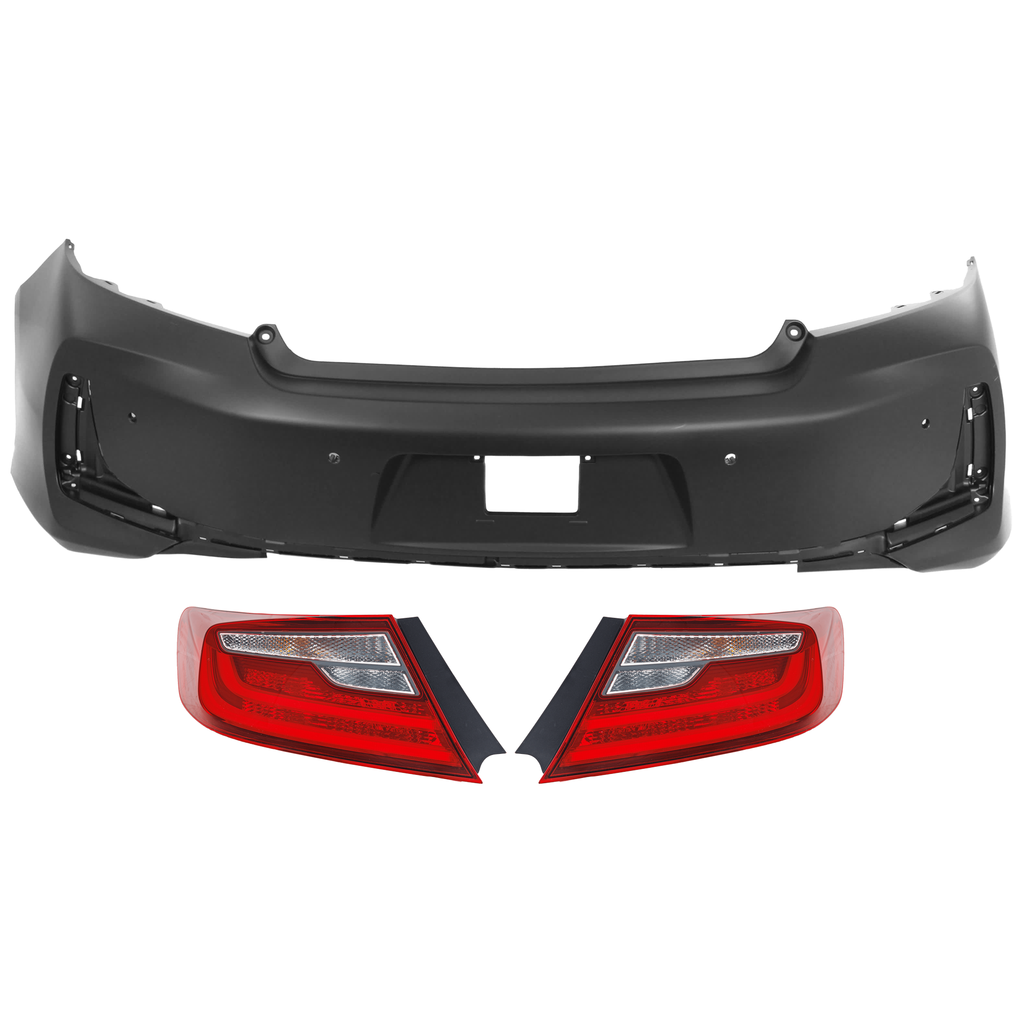 AM ACCORD 16-17 REAR BUMPER COVER 3 pc Kit Primed w Parking Aid Sensor Holes w o License Plate Provision and Tow Hook Hole with Tail Light SKU KIT 081526 GB500 Partslink HO1100295 HO2801192 HO2800192 OEM 71500T3LA60ZZ 33500T3LA11-3355