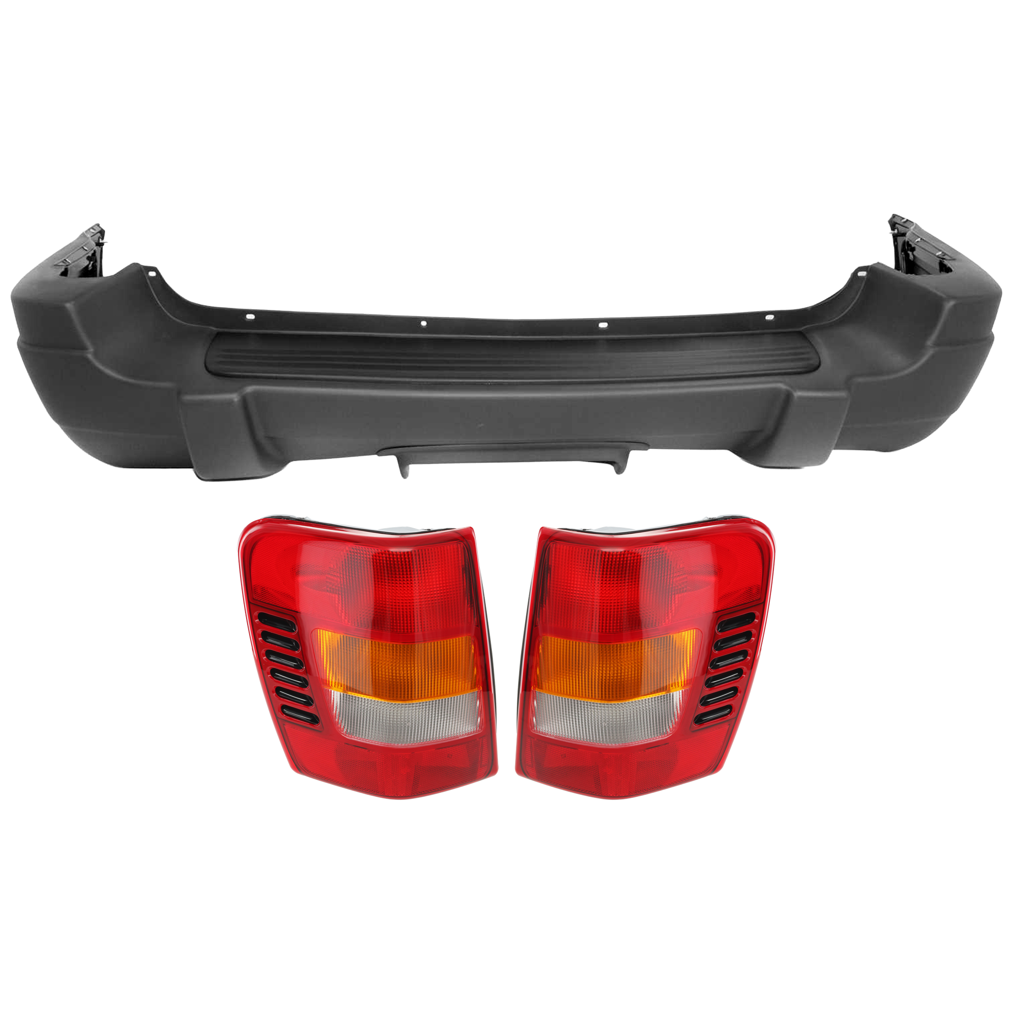 AM GRAND CHEROKEE 99-02 REAR BUMPER COVER 3 pc Kit Primed with Tail Light SKU KIT 081526 GB502 Partslink CH1100194 CH2801138 CH2800138 OEM TK66HS5AA 55155138AC PFM 55155
