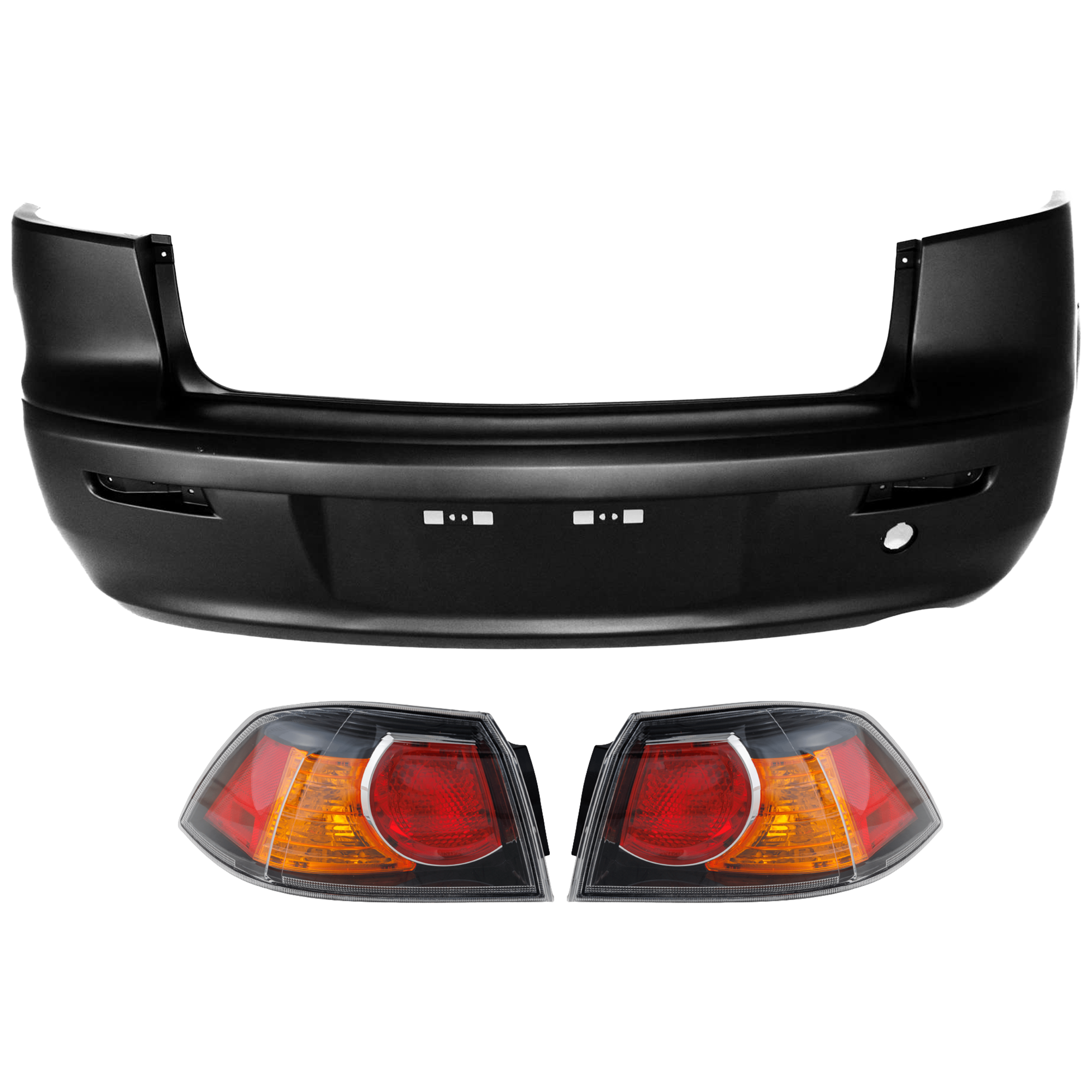 AM LANCER 10-17 REAR BUMPER COVER 3 pc Kit Primed w Reflector Holes License Plate Provision and Tow Hook Hole w o Parking Aid Sensor Holes with Tail Light SKU KIT 081526 GB507 Partslink MI1100287 MI2805103 MI2804103 OEM 6410B832-8330A622-8330A621