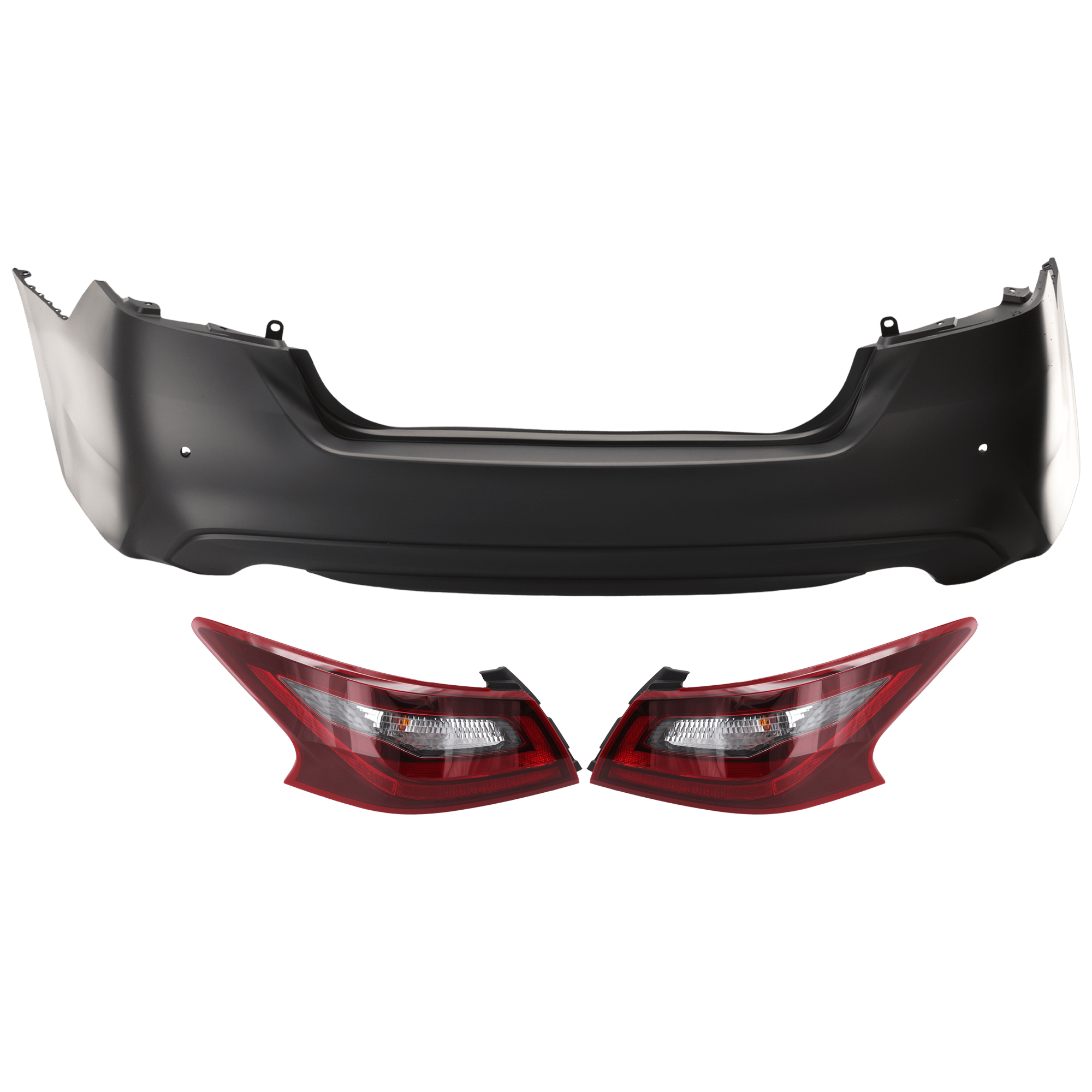 AM ALTIMA 16-18 REAR BUMPER COVER 3 pc Kit Primed w Parking Aid Sensor Holes w o License Plate Provision and Tow Hook Hole with Tail Light SKU KIT 081526 GB516 Partslink NI1100311 NI2805111 NI2804111 OEM 850229HS2H 265509HS1A 265559HS