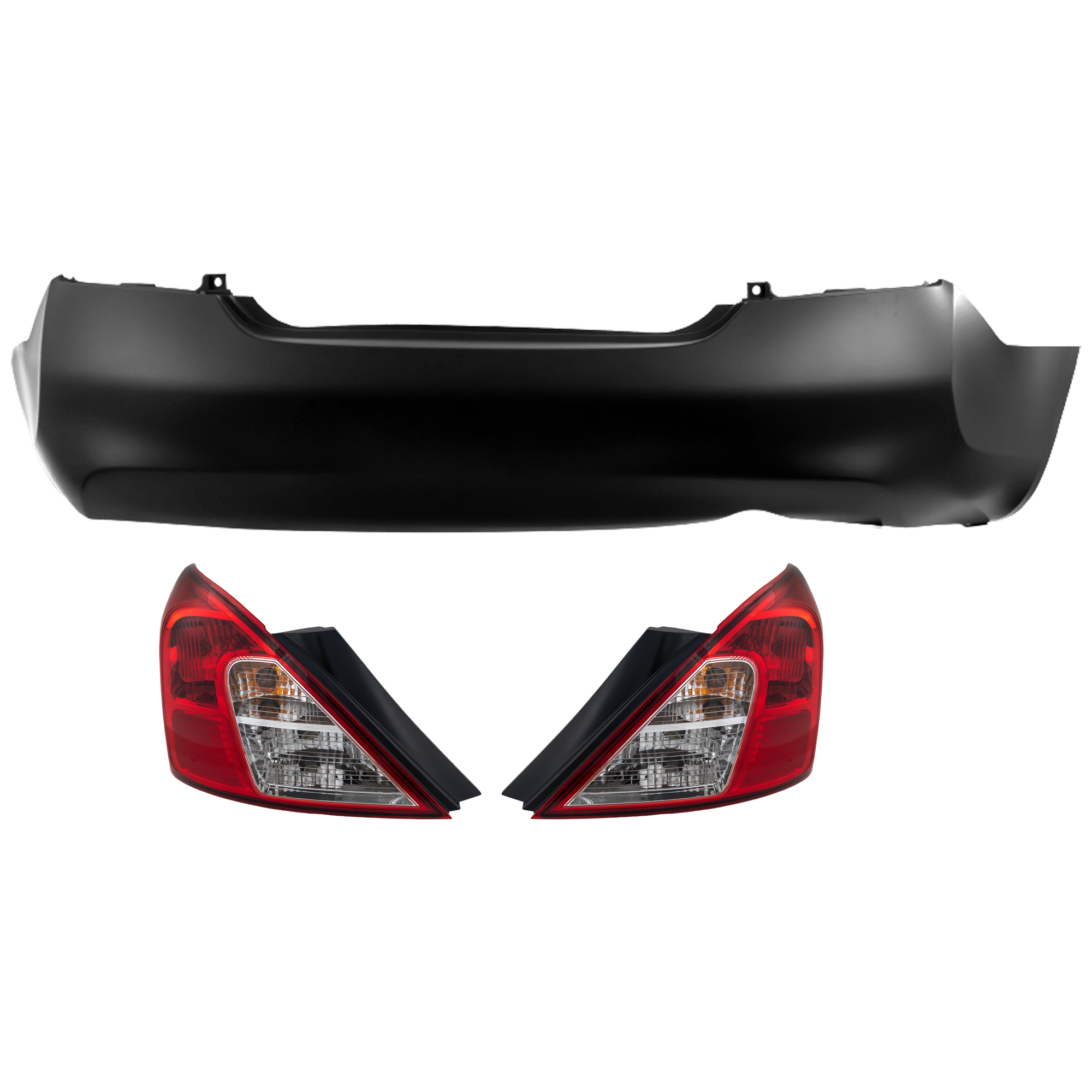 AM VERSA 12-14 REAR BUMPER COVER 3 pc Kit Primed w o License Plate Provision Tow Hook Hole and Parking Aid Sensor Holes with Tail Light SKU KIT 081526 GB519 Partslink NI1100284 NI2801194 NI2800194 OEM HEM223AN0J 265503AN0A 265553AN