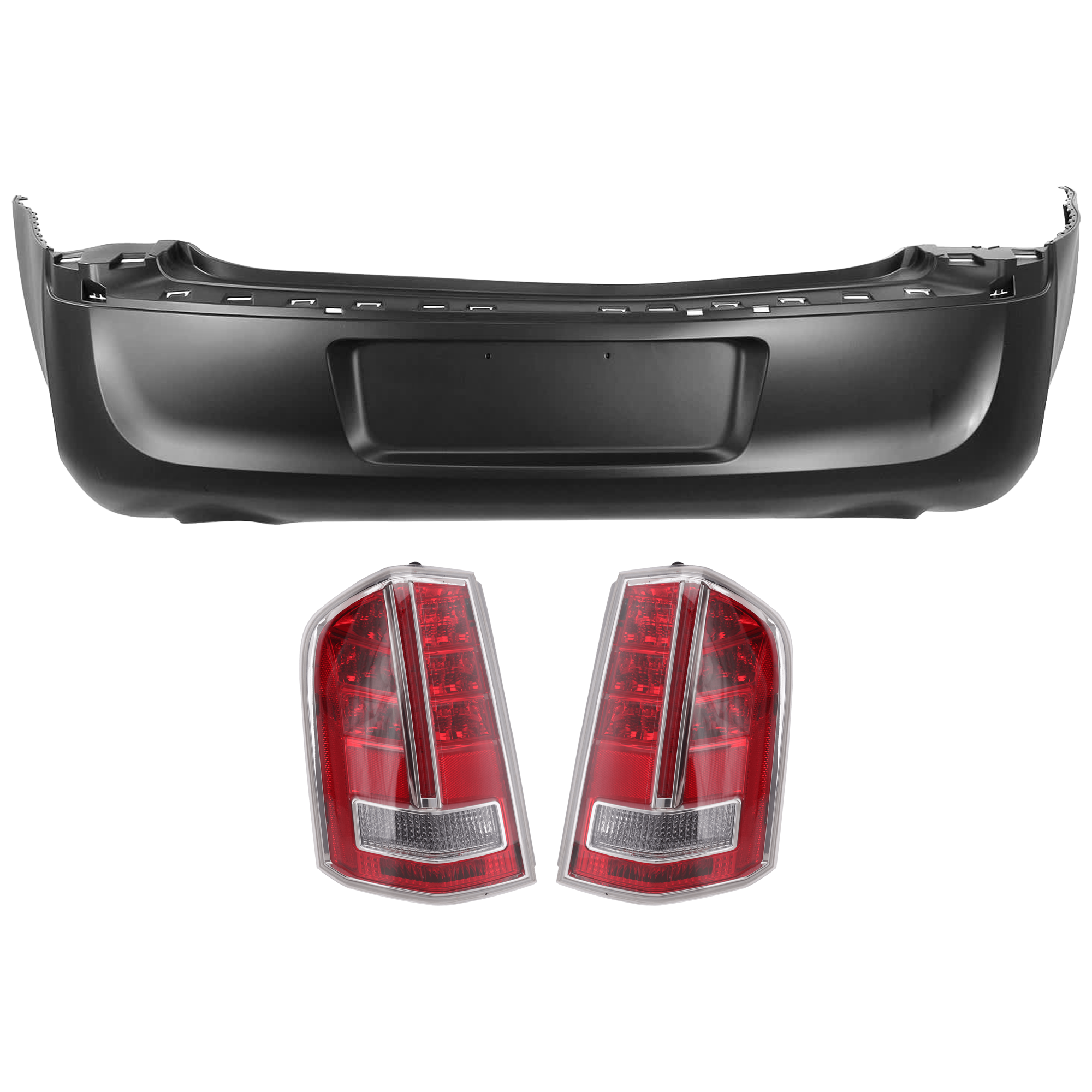 AM CHRYSLER 300-12-14 REAR BUMPER COVER 3 pc Kit Primed w Dual Exhaust Cut Outs and License Plate Provision w o Tow Hook Hole and Parking Aid Sensor Holes with Tail Light CAPA SKU KIT 081526 GB523 OEM 68127950AC 68154606AC PFM 6815