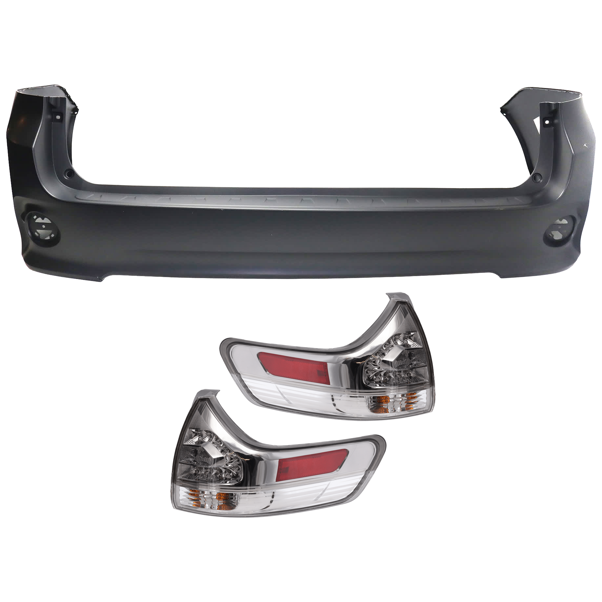 AM SIENNA 11-20 REAR BUMPER COVER 3 pc Kit Primed w o Parking Aid Sensor Holes with Tail Light SKU KIT 081526 GB525 Partslink TO1100284 TO2805110 TO2804110 OEM 5215908905-8155008040-81560080