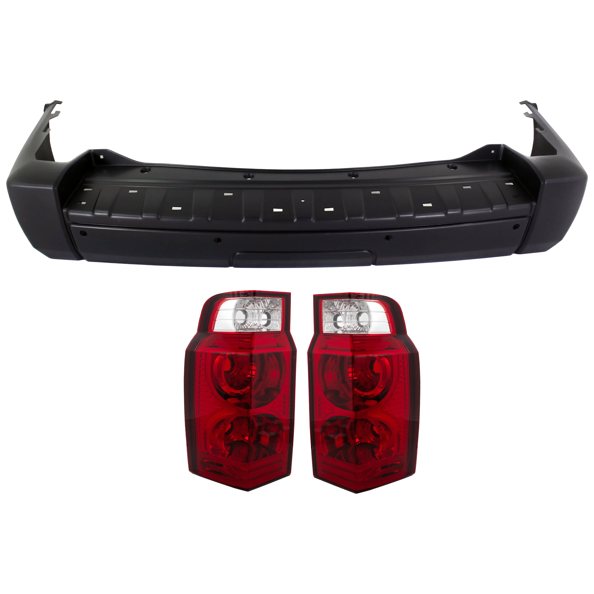 AM COMMANDER 06-10 REAR BUMPER COVER 3 pc Kit Primed w o License Plate Provision and Tow Hook Hole w Parking Aid Sensor Holes with Tail Light SKU KIT 081526 GB531 Partslink CH1100869 CH1100948 CH2819108 CH2818107 OEM 5183499AA 68052984AA 55396458A