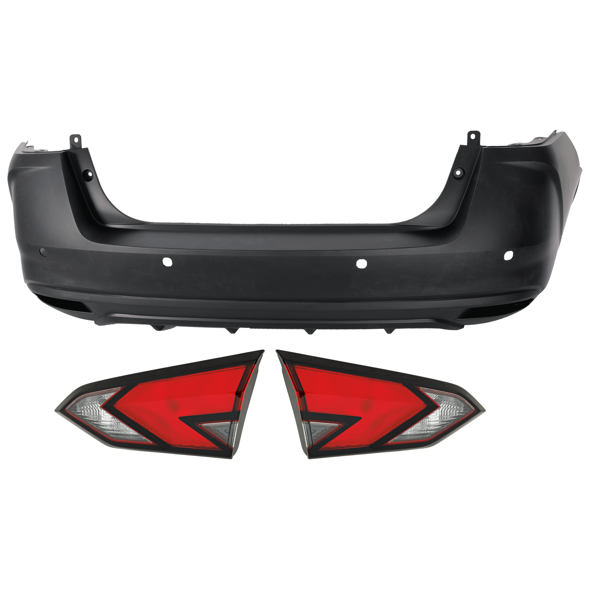 AM VERSA 20-25 REAR BUMPER COVER 3 pc Kit Primed with Tail Light CAPA SKU KIT 081526 GB538 Partslink NI1100340C NI2803121C NI2802121C OEM 850225EE0J 265405EE0A 265455EE
