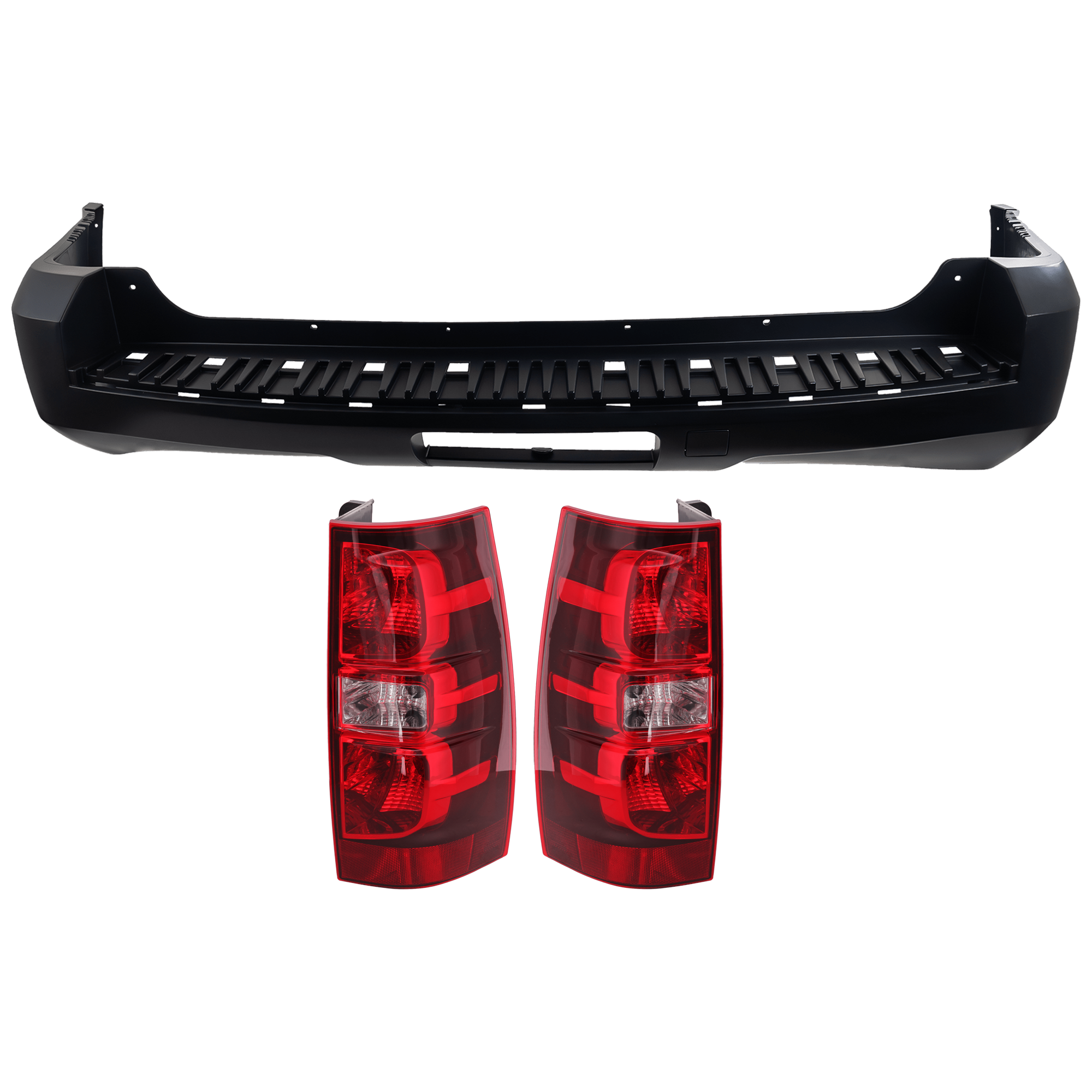 AM SUBURBAN 1500-07-14 SUBURBAN 2500-07-13 REAR BUMPER COVER 3 pc Kit Primed w License Plate Provision and Tow Hook Hole w o Parking Aid Sensor Holes with Tail Light SKU KIT 081526 GB540 Partslink GM1100788 GM2801196 GM2800196 OEM 20951792-22837924-22837923