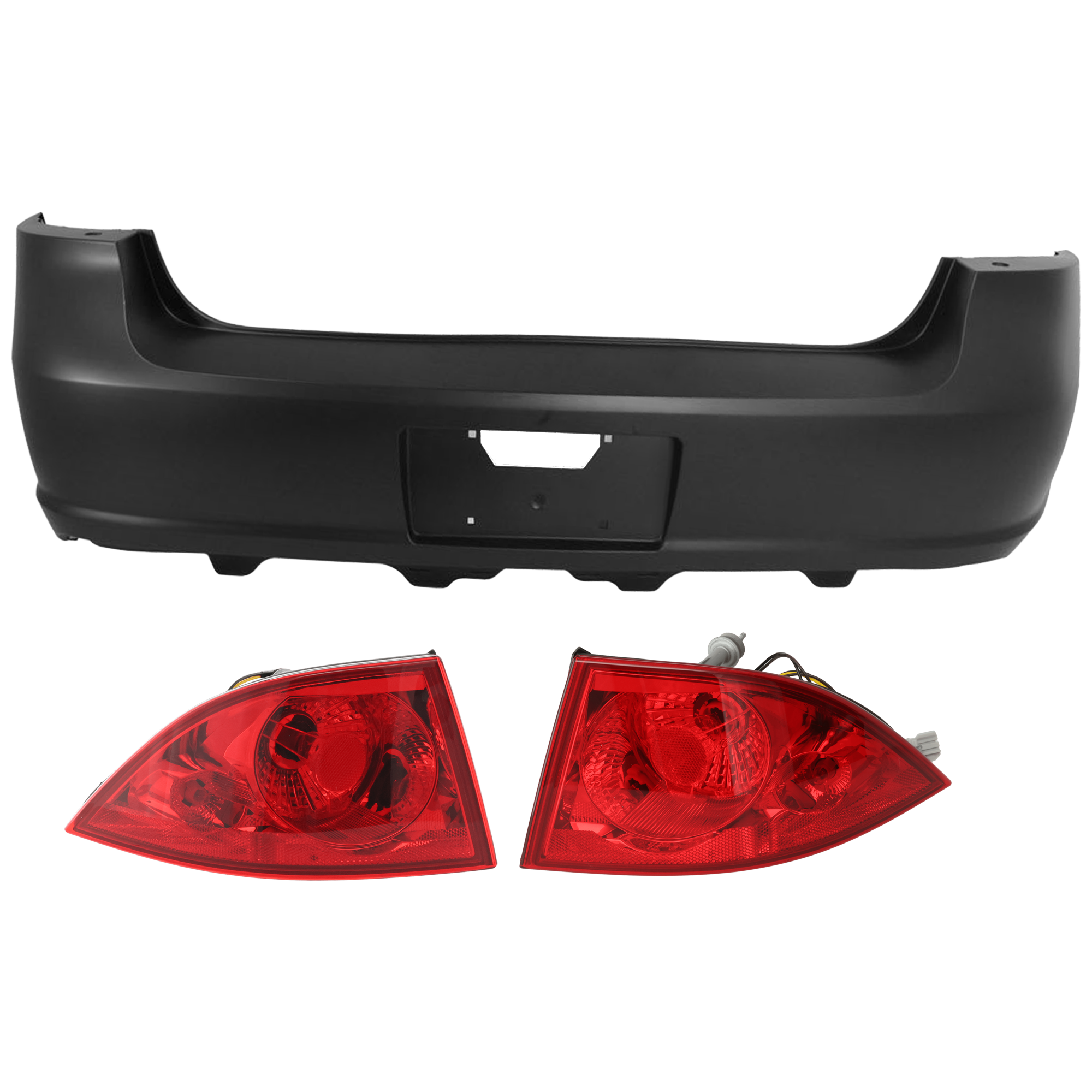 AM LUCERNE 08-11 REAR BUMPER COVER 3 pc Kit Primed w License Plate Provision w o Tow Hook Hole and Parking Aid Sensor Holes with Tail Light SKU KIT 081526 GB542 Partslink GM1100820 GM2819177 GM2818177 OEM 25817527-25927354-25927355