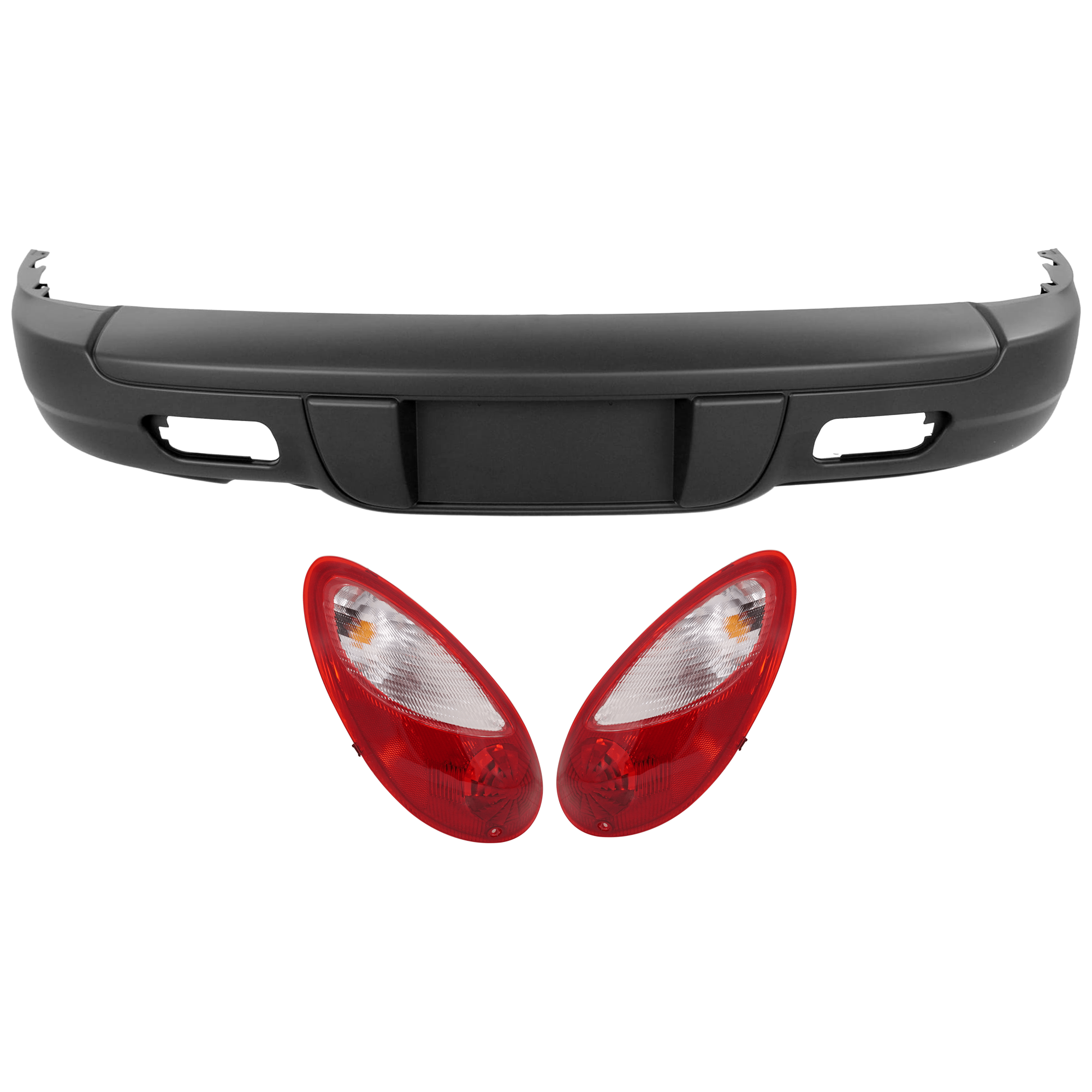 AM PT CRUISER 09-10 REAR BUMPER COVER 3 pc Kit Primed w Reflector Holes and License Plate Provision w o Tow Hook Hole and Parking Aid Sensor Holes with Tail Light SKU KIT 081526 GB543 Partslink CH1100826 CH2819109 CH2818108 OEM ZG96TZZAF 5116222AB 5116223AB