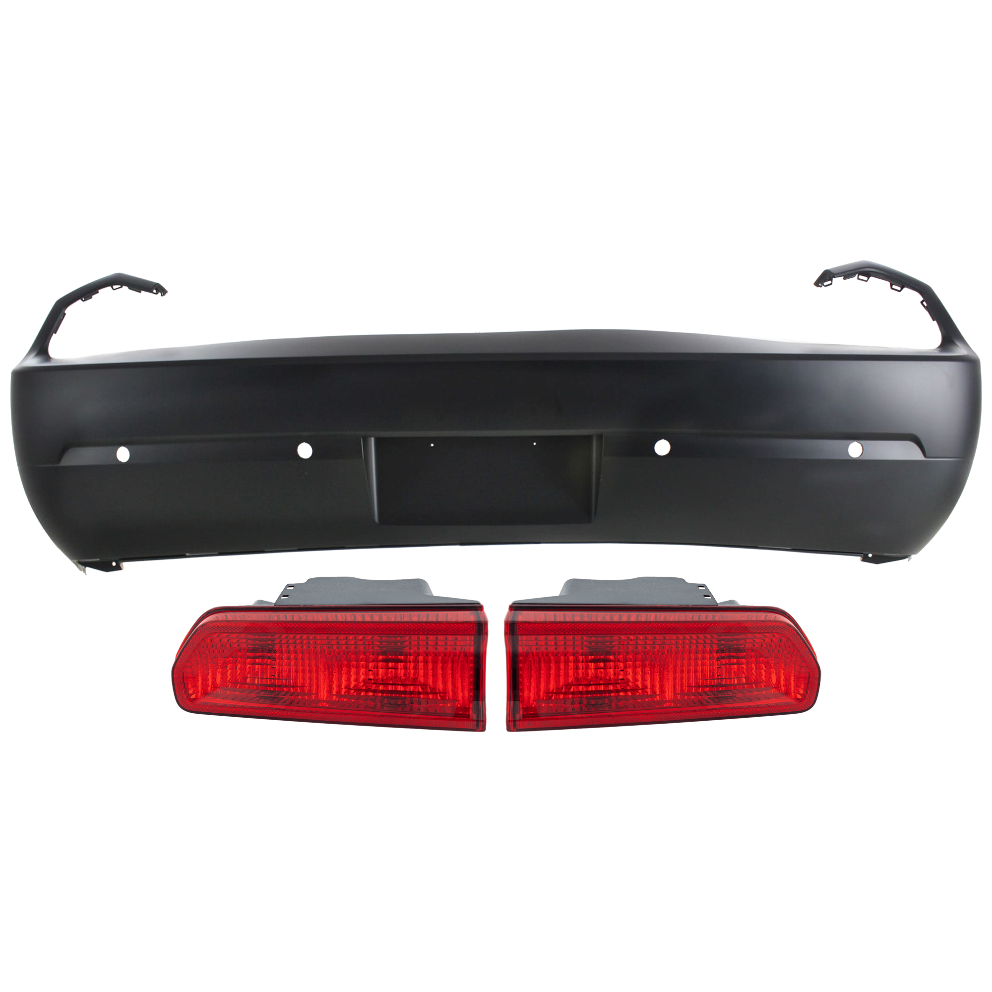 AM CHALLENGER 12-14 REAR BUMPER COVER 3 pc Kit Primed w License Plate Provision and Parking Aid Sensor Holes w o Tow Hook Hole with Tail Light SKU KIT 081526 GB556 Partslink CH1100974 CH2801189 CH2800189 OEM 68144509AA 5028780AF 5028781AE