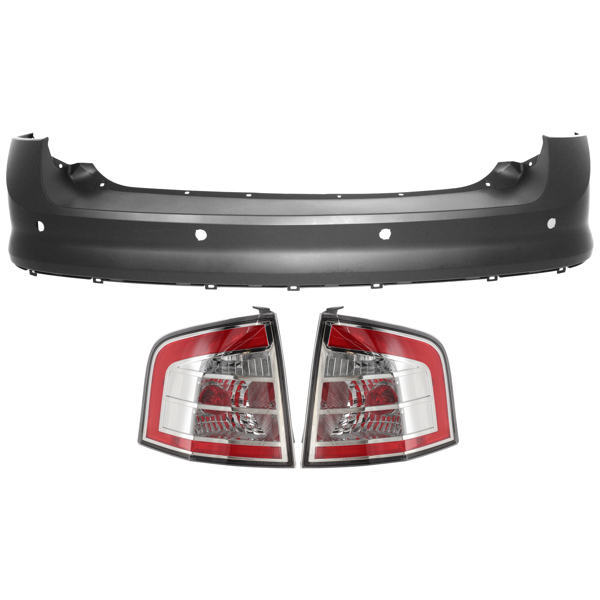 AM EDGE 07-10 REAR BUMPER COVER Upper 3 pc Kit Primed w Tow Hook Hole and Parking Aid Sensor Holes w o License Plate Provision with Tail Light SKU KIT 081526 GB557 Partslink FO1100616 FO2801209 FO2800209 OEM 7T4Z17K835BPTM 7T4Z13404B 7T4Z