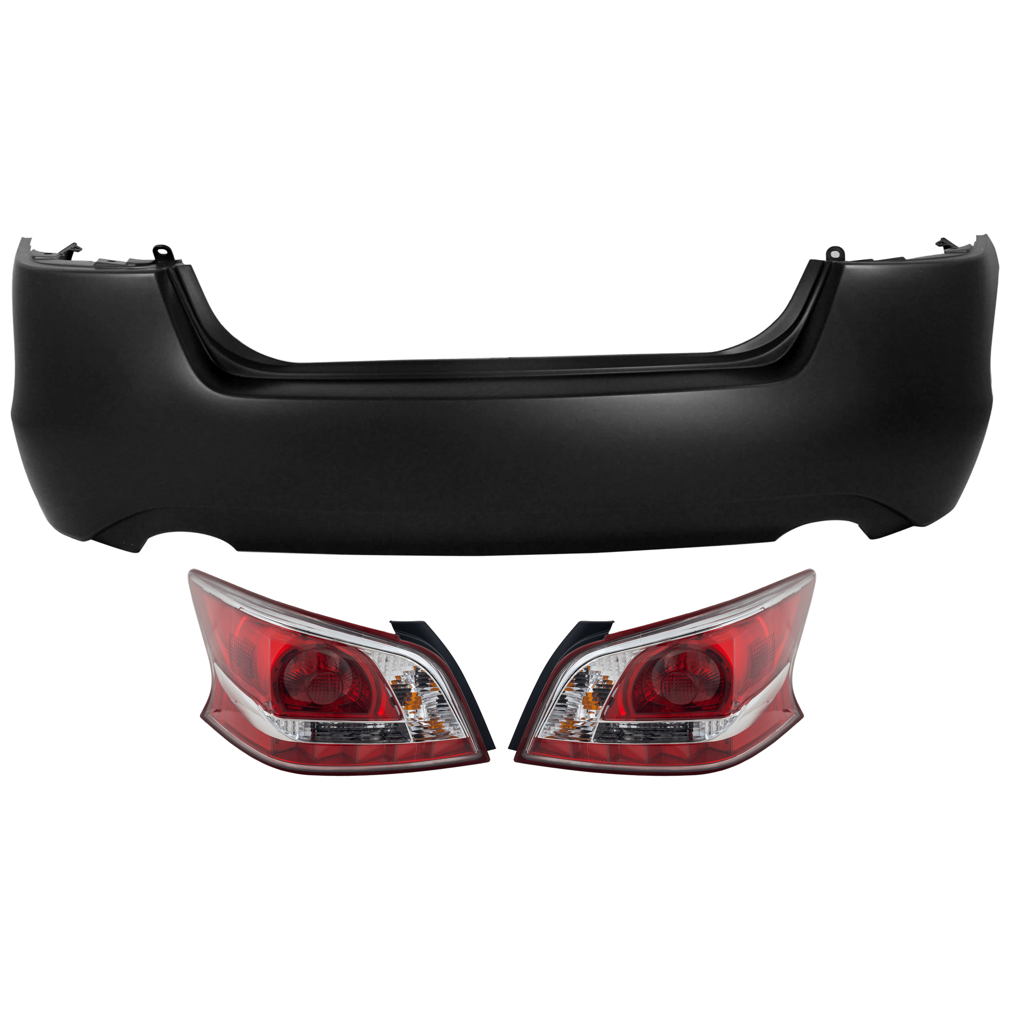 AM ALTIMA 13-13 REAR BUMPER COVER 3 pc Kit Primed w Dual Exhaust Cut Outs w o License Plate Provision Tow Hook Hole and Parking Aid Sensor Holes with Tail Light SKU KIT 081526 GB558 Partslink NI1100287 NI2801195 NI2800195 OEM 850223TA0H 265503TA0B 265553TA
