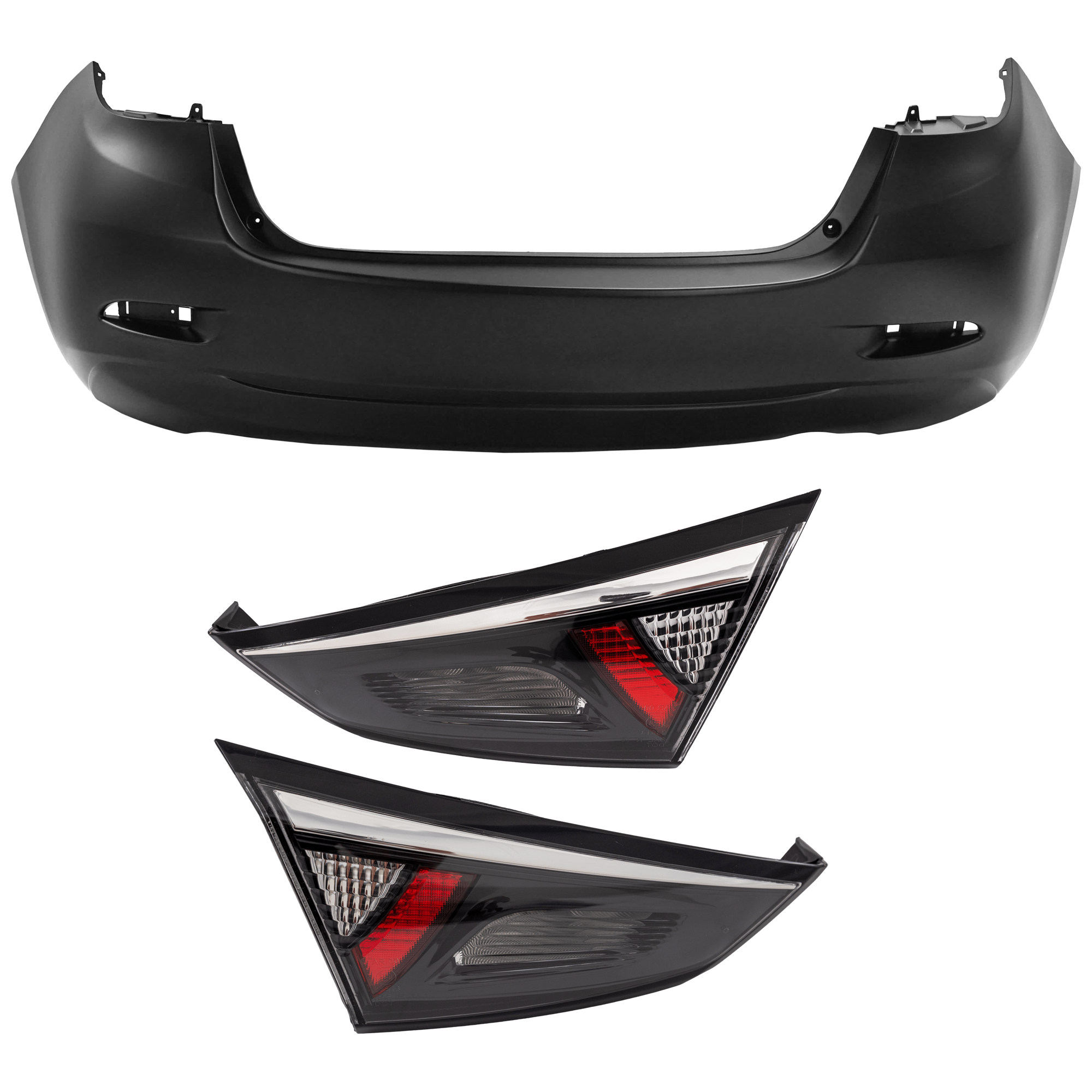 AM YARIS 16-20 YARIS IA 17-18 REAR BUMPER COVER 3 pc Kit Primed with Tail Light SKU KIT 081526 GB566 Partslink TO1100318 TO2803132 TO2802132 OEM 52159WB003-81580WB002-81590WB0