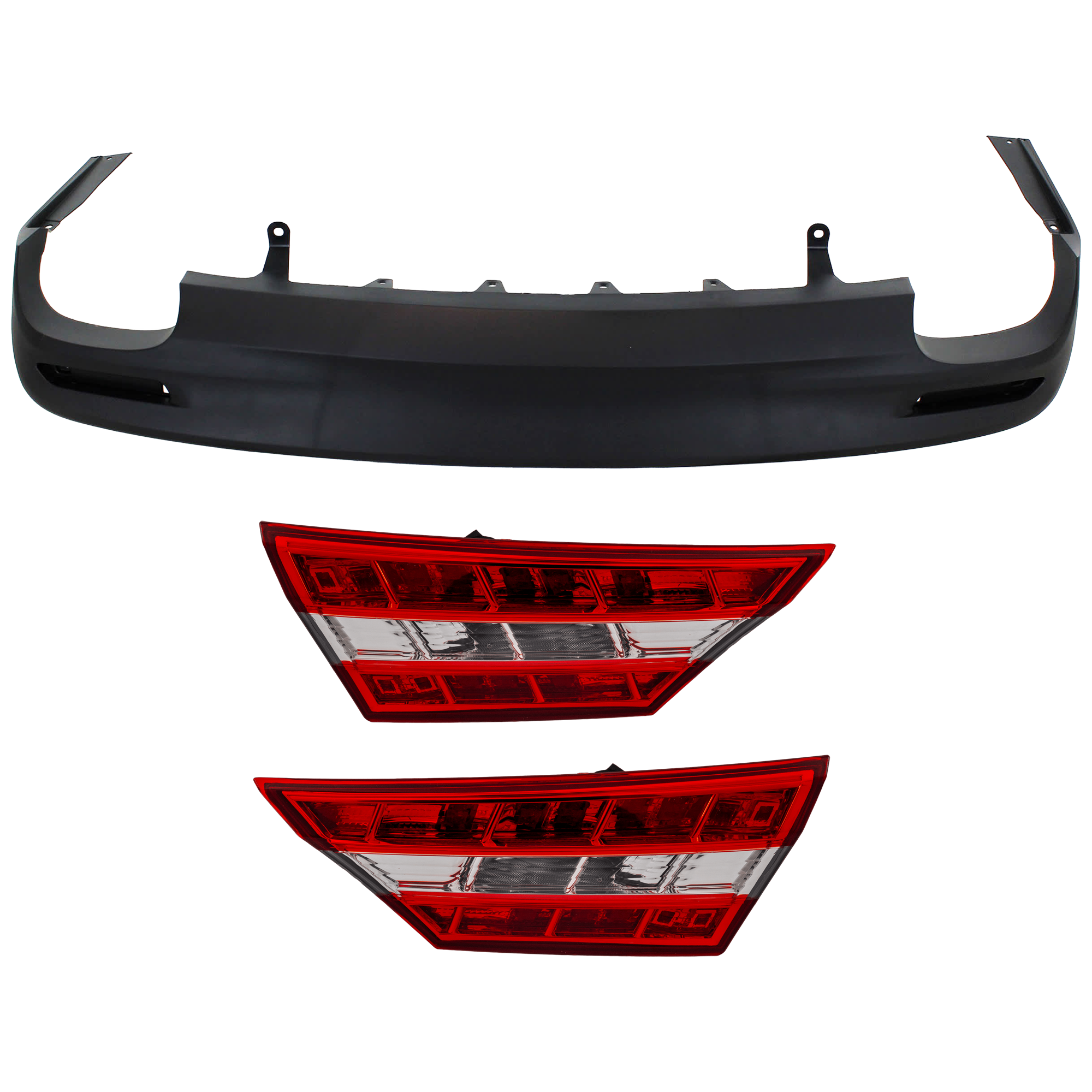 AM AVALON 13-15 REAR BUMPER COVER Lower 3 pc Kit Textured w o License Plate Provision Tow Hook Hole and Parking Aid Sensor Holes with Tail Light SKU KIT 081526 GB568 Partslink TO1115103 TO2803113 TO2802113 OEM 5216907020-8158007070-81590070