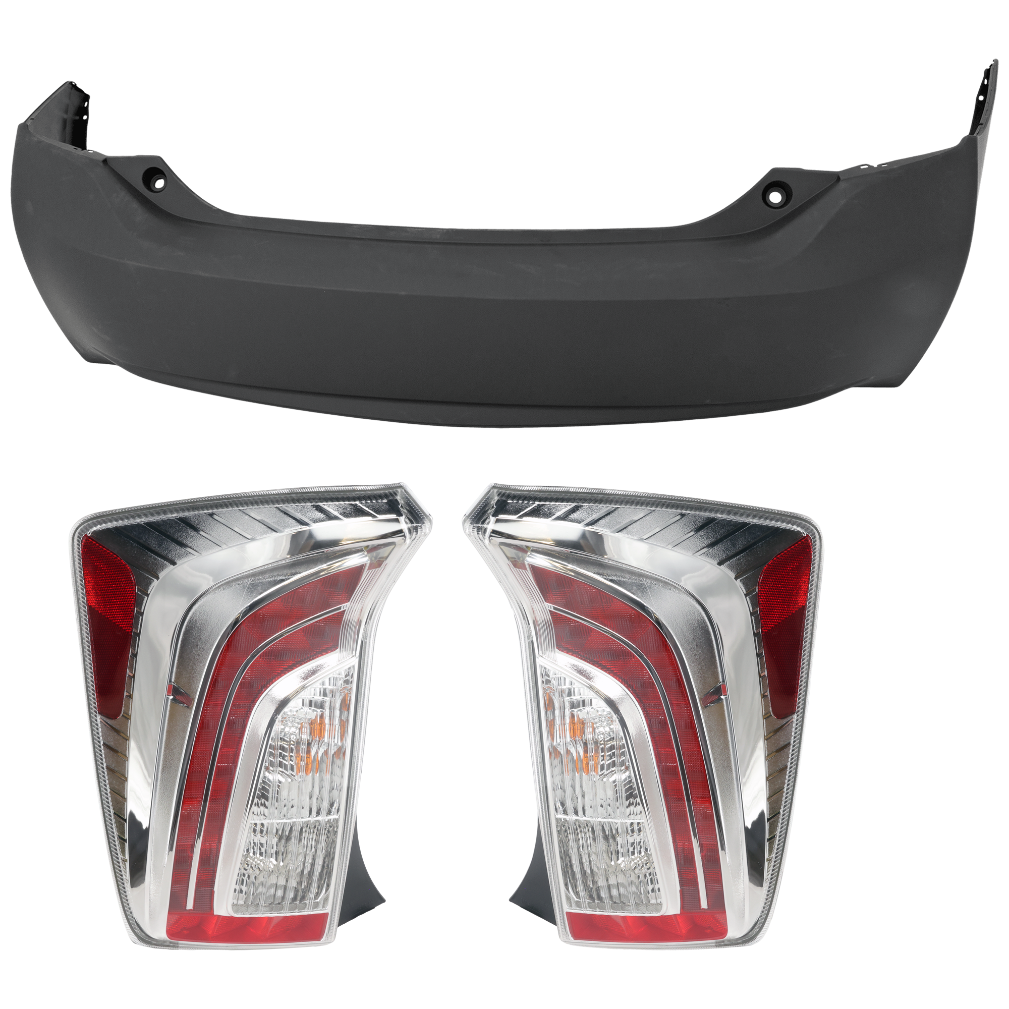 AM PRIUS 12-15 REAR BUMPER COVER 3 pc Kit Primed w Spoiler Holes w o License Plate Provision Tow Hook Hole and Parking Aid Sensor Holes with Tail Light SKU KIT 081526 GB569 Partslink TO1100280 TO2801189 TO2800189 OEM 5215947916-8155147190-81561471