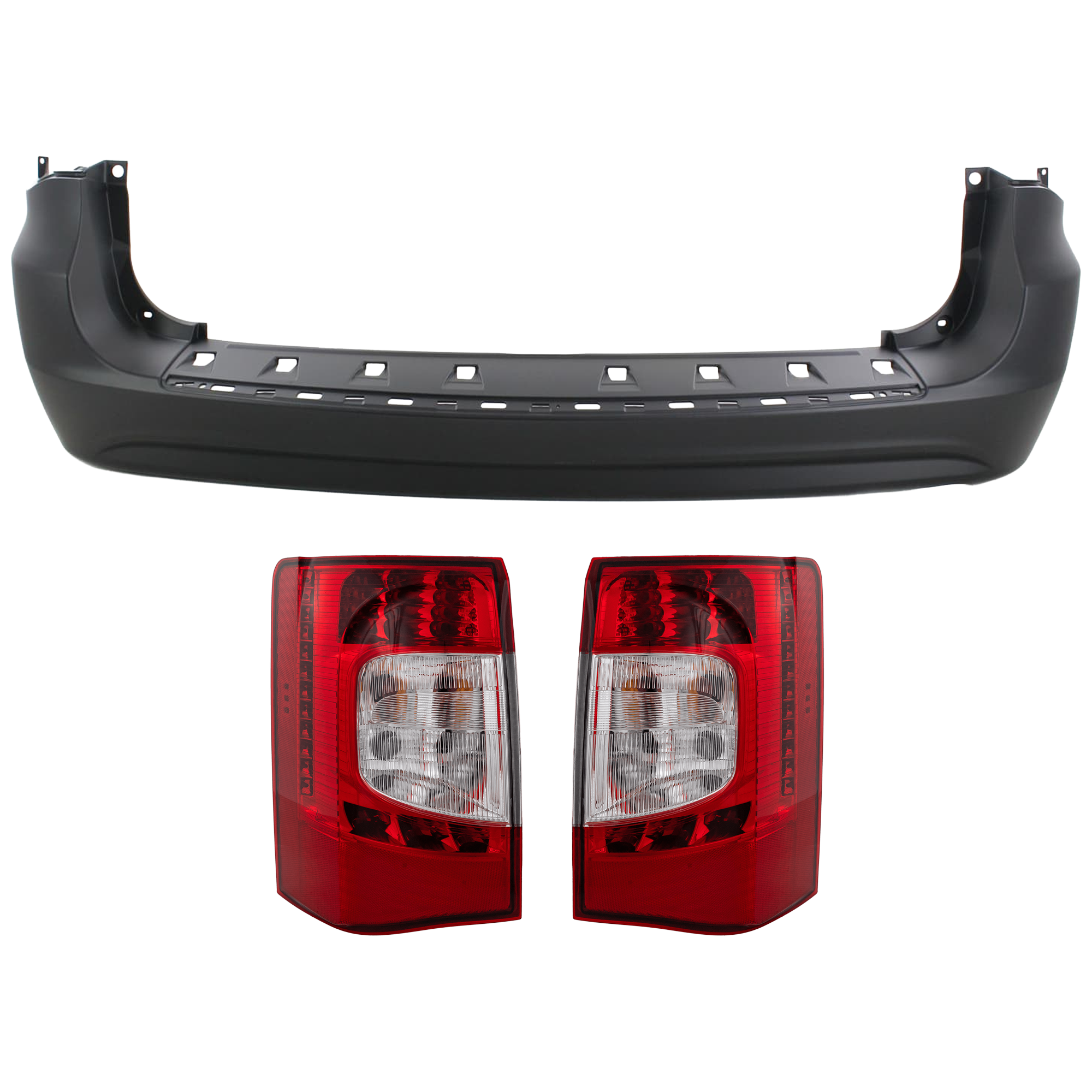 AM TOWN COUNTRY 11-16 REAR BUMPER COVER 3 pc Kit Primed w o Blind Spot Detection License Plate Provision Tow Hook Hole and Parking Aid Sensor Holes with Tail Light SKU KIT 081526 GB572 Partslink CH1100968 CH2801198 CH2800198 OEM 68125726AA 5182530AE 5182531AE