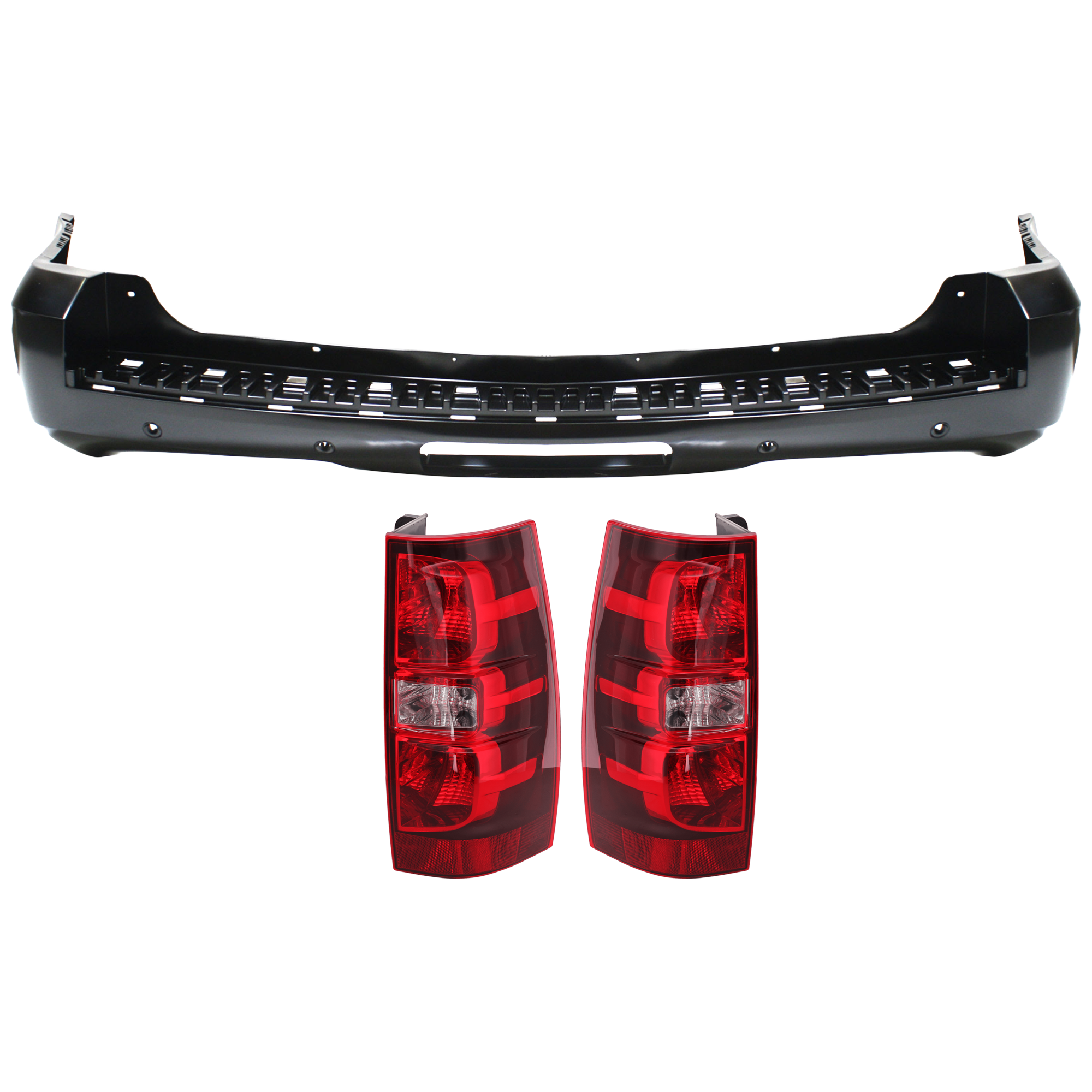 AM SUBURBAN 1500-07-14 SUBURBAN 2500-07-13 REAR BUMPER COVER 3 pc Kit Primed w Parking Aid Sensor Holes w o License Plate Provision and Tow Hook Hole with Tail Light SKU KIT 081526 GB576 Partslink GM1100787 GM2801196 GM2800196 OEM 20951791-22837924-22837923