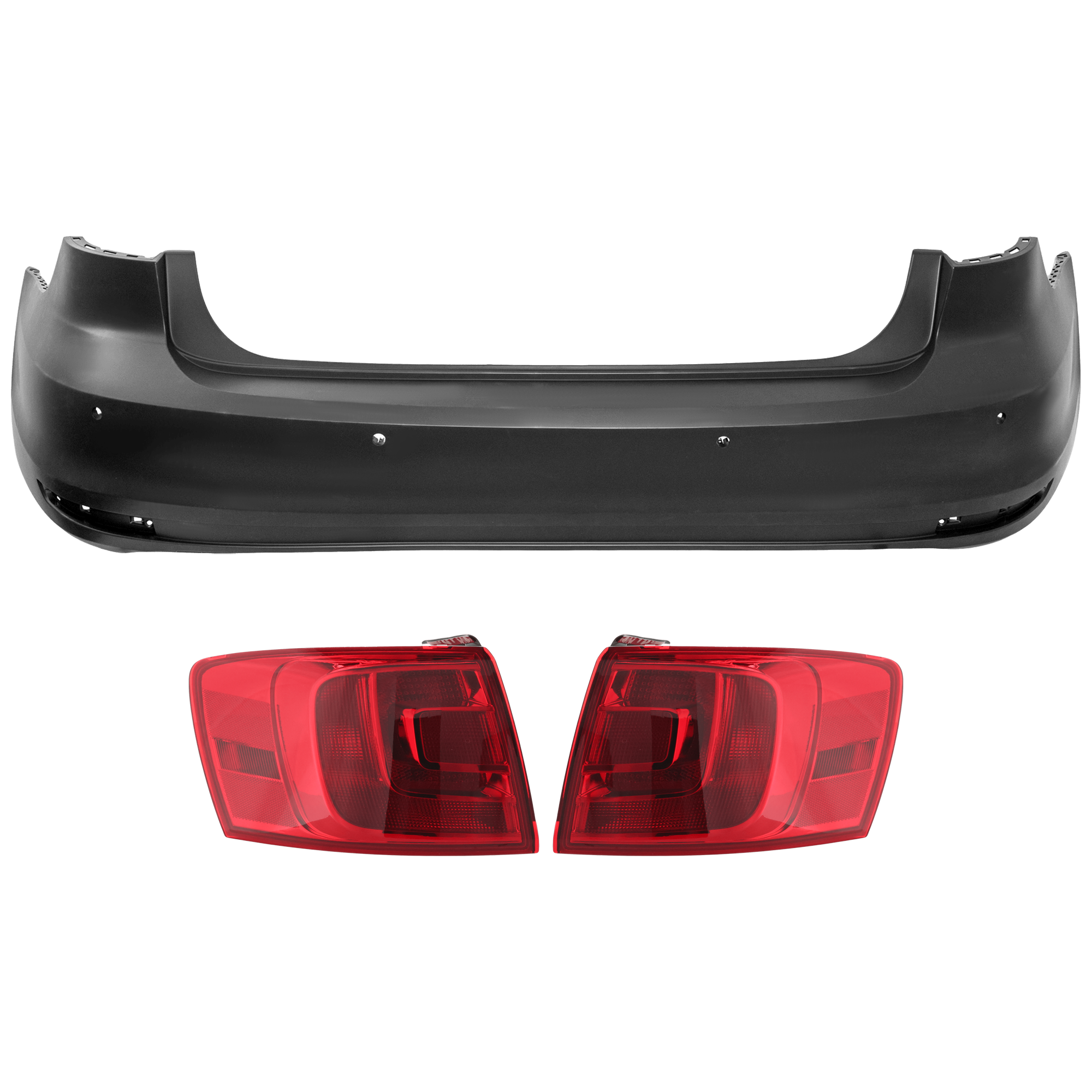 AM JETTA 17-17 REAR BUMPER COVER 3 pc Kit Primed w Parking Aid Sensor Holes with Tail Light SKU KIT 081526 GB586 Partslink VW1100207 VW2805107 VW2804107 OEM 5C6807417JGRU 5C6945096D 5C694