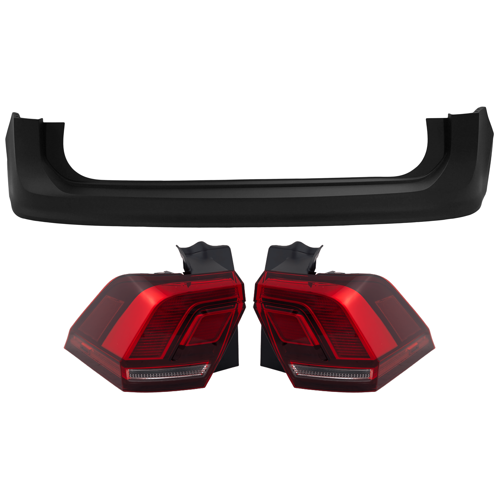 AM TIGUAN 18-24 REAR BUMPER COVER 3 pc Kit Primed with Tail Light SKU KIT 081526 GB635 Partslink VW1114102 VW2805126 VW2804126 OEM 5NN807421GRU 5NN945096A 5NN945