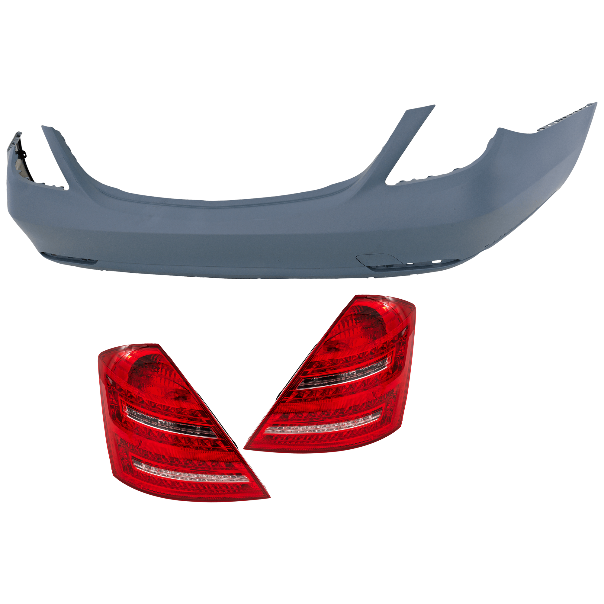 AM S63 AMG 12-13 REAR BUMPER COVER Lower 3 pc Kit Primed with Tail Light SKU KIT 081526 GB660 Partslink MB1100344 MB2801133 MB2800133 OEM 22288500259999-2218201464-2218