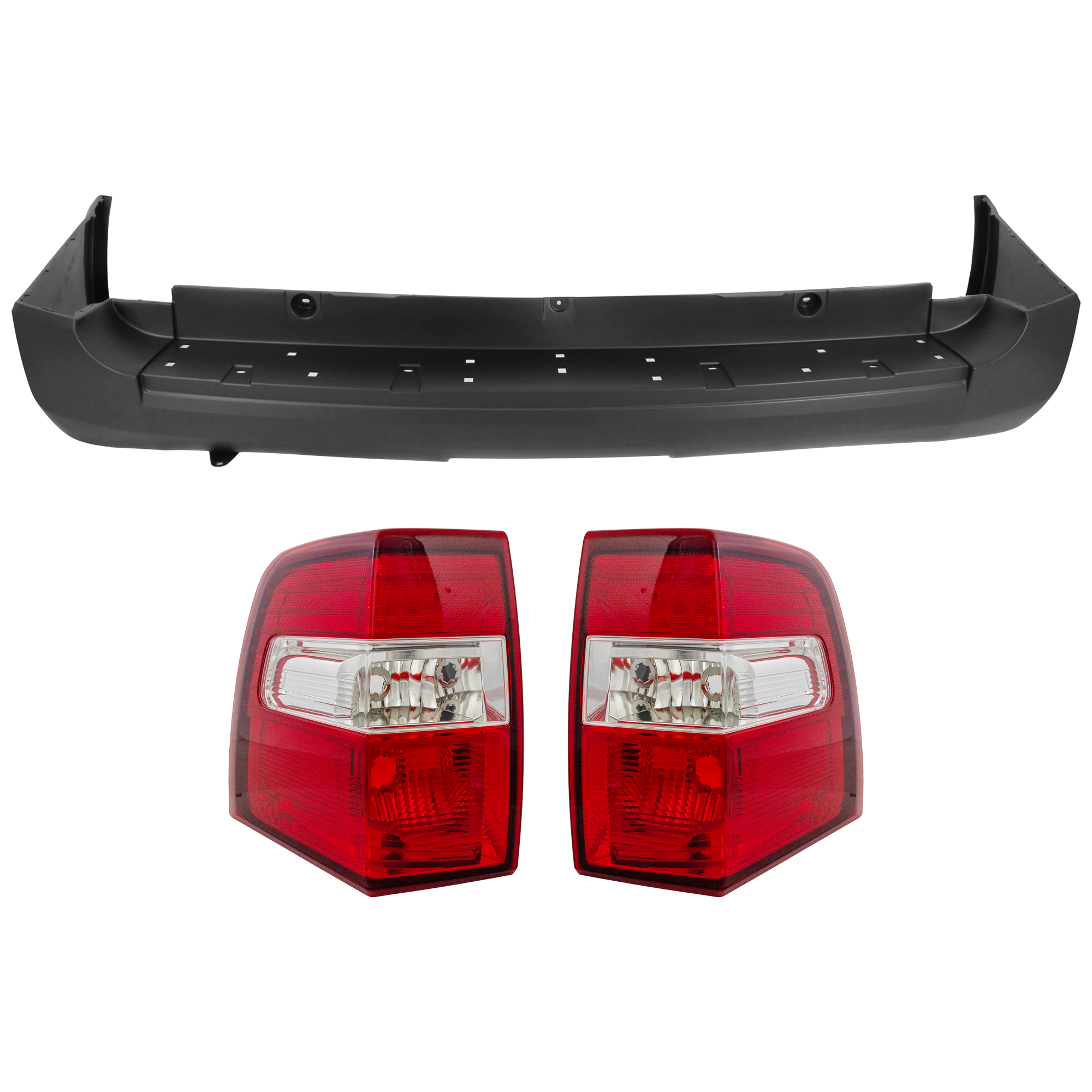 AM EXPEDITION 07-10 REAR BUMPER COVER 3 pc Kit Primed w Step Pad Provision Tow Hook Hole and Parking Aid Sensor Holes w o License Plate Provision with Tail Light SKU KIT 081526 GB669 Partslink FO1100614 FO2801201 FO2800201 OEM 7L1Z17K835DPTM 7L1Z13404AA 7L1