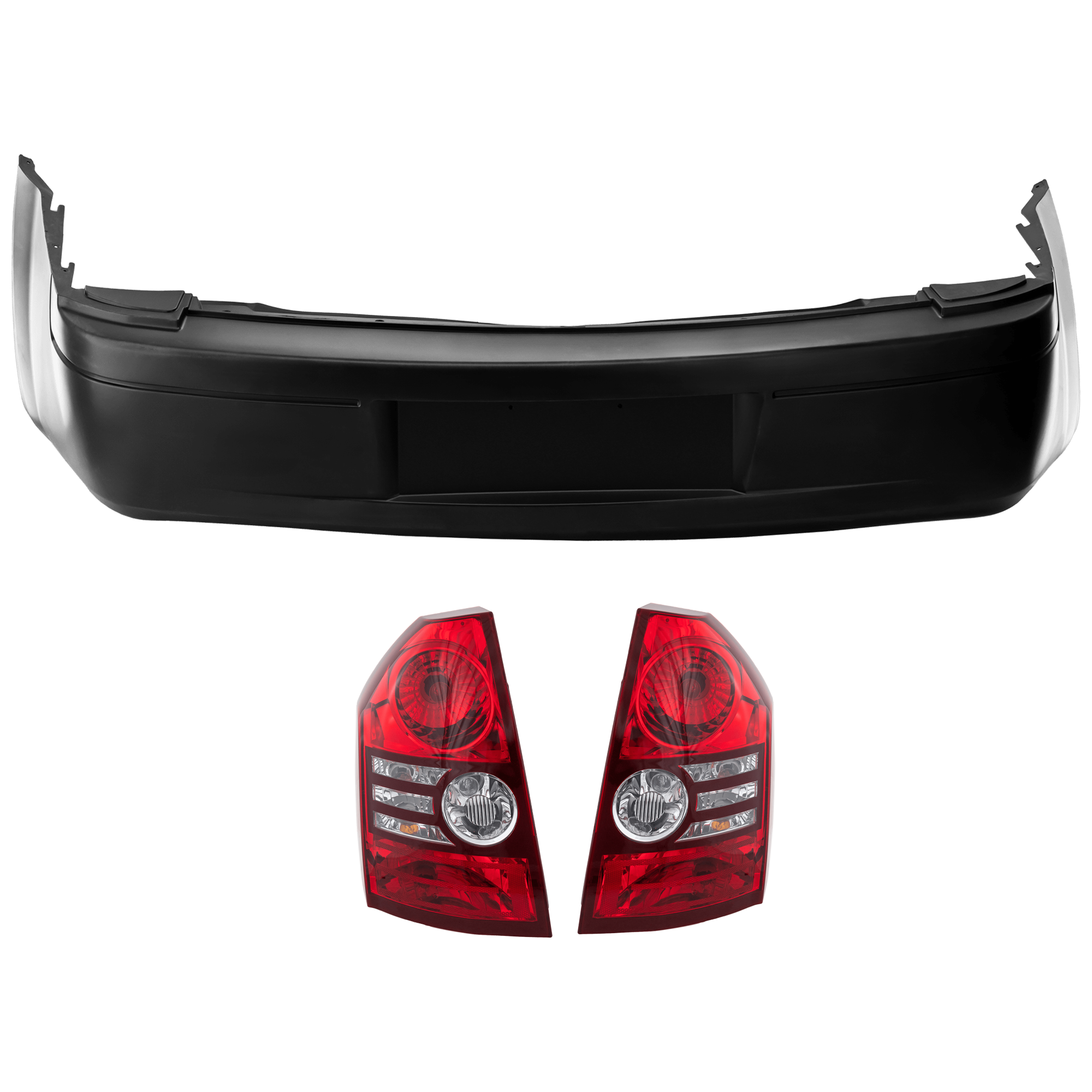 AM CHRYSLER 300-08-10 REAR BUMPER COVER 3 pc Kit Primed w License Plate Provision w o Tow Hook Hole and Parking Aid Sensor Holes with Tail Light SKU KIT 081526 GB670 Partslink CH1100319 CH2819117 CH2818117 OEM 4806062AC 4806370AD 4806371AD
