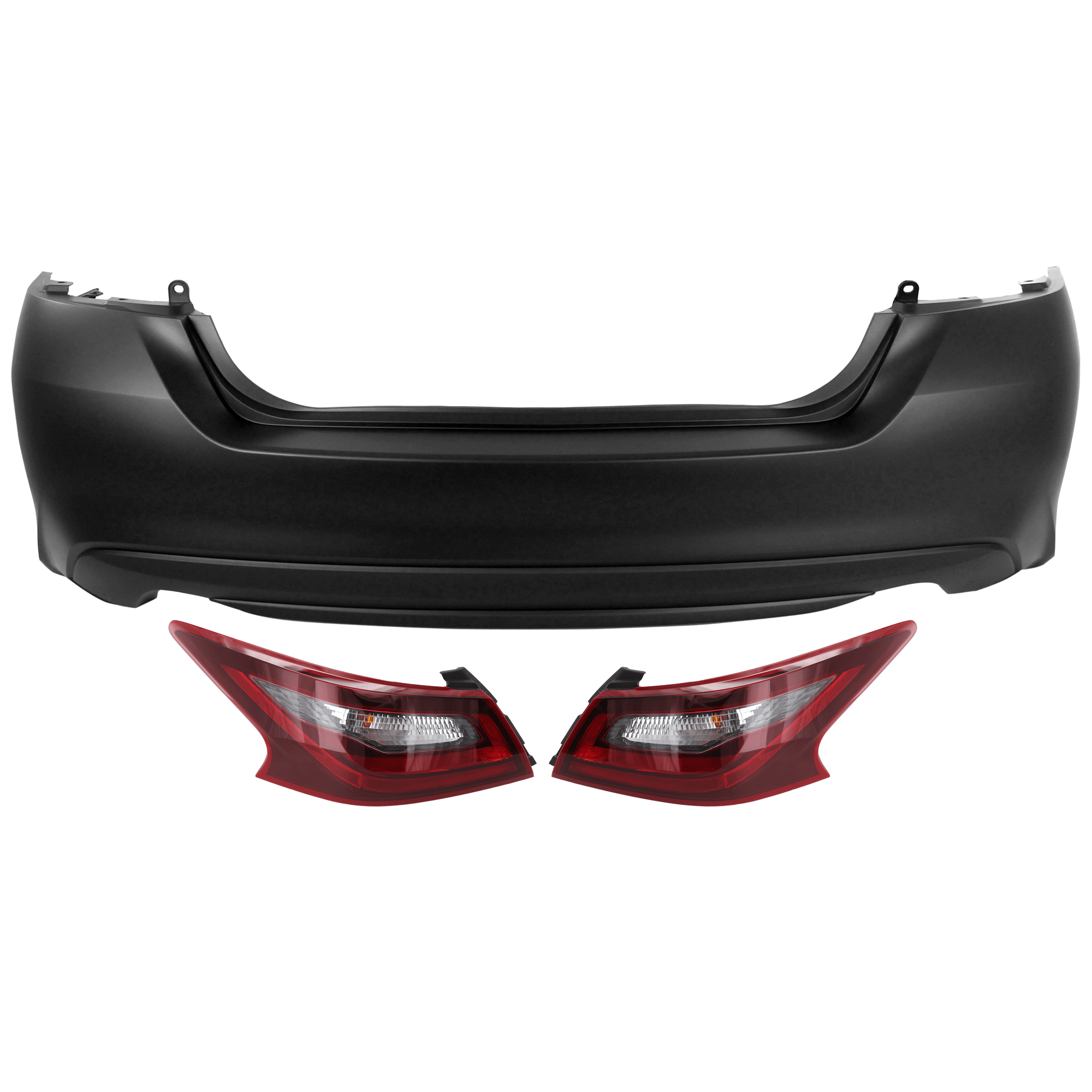 AM ALTIMA 16-18 REAR BUMPER COVER 3 pc Kit Primed w o License Plate Provision Tow Hook Hole and Parking Aid Sensor Holes with Tail Light SKU KIT 081526 GB680 Partslink NI1100309 NI2805111 NI2804111 OEM 850229HS0H 265509HS1A 265559HS