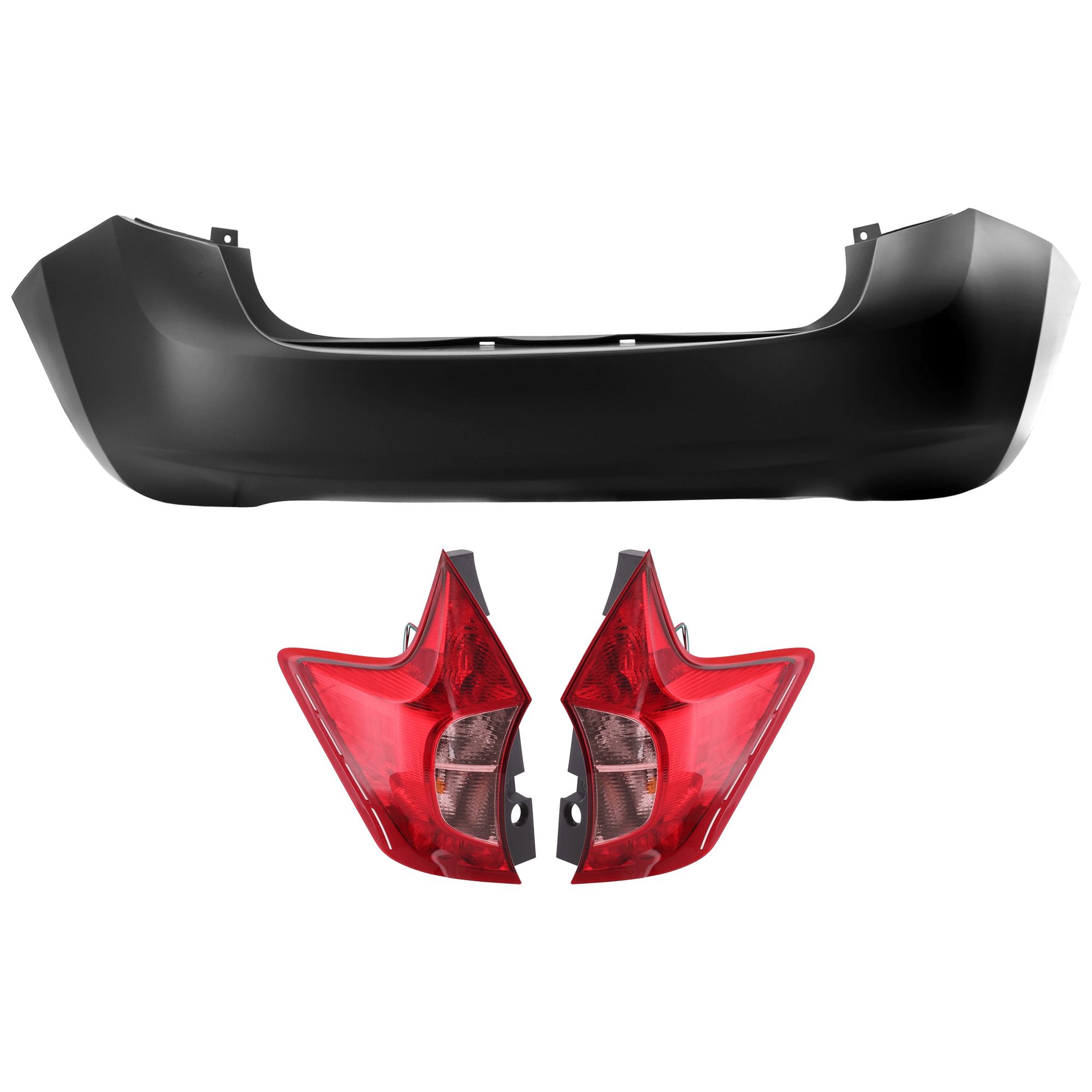 AM VERSA NOTE 14-16 REAR BUMPER COVER 3 pc Kit Primed w o License Plate Provision Tow Hook Hole and Parking Aid Sensor Holes with Tail Light SKU KIT 081526 GB694 Partslink NI1100294 NI2801200 NI2800200 OEM HEM223VY0J 265503WC0A 265553WC