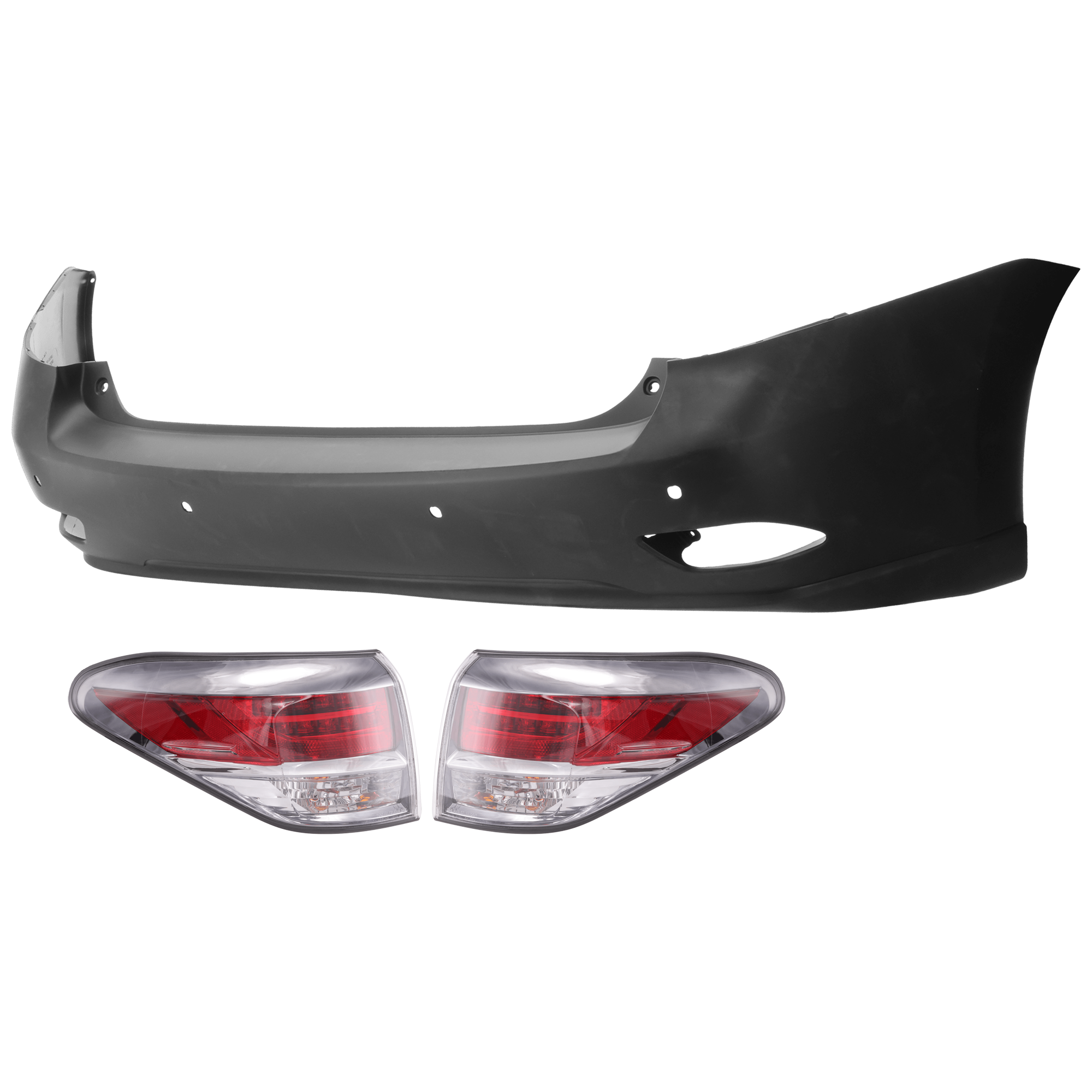 AM RX350 RX450H 13-15 REAR BUMPER COVER 3 pc Kit Primed w Parking Aid Sensor Holes w o License Plate Provision and Tow Hook Hole with Tail Light SKU KIT 081526 GB705 Partslink LX1100143 LX2805112 LX2804112 OEM 521050E903-815500E090-815600E0