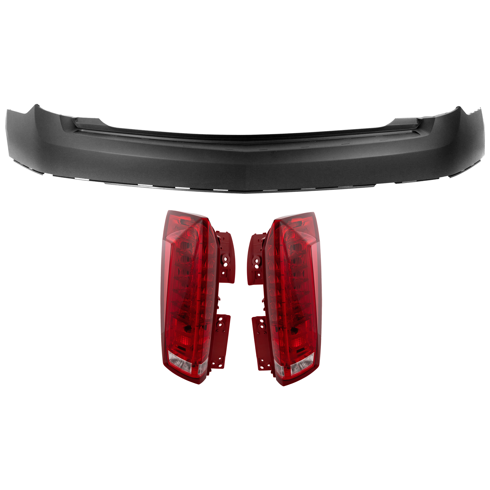 AM SRX 13-16 REAR BUMPER COVER Upper 3 pc Kit Primed w o Parking Aid Sensor Holes with Tail Light CAPA SKU KIT 081526 GB714 Partslink GM1100954C GM2801255C GM2800255C OEM 22764076-22774015-22774014