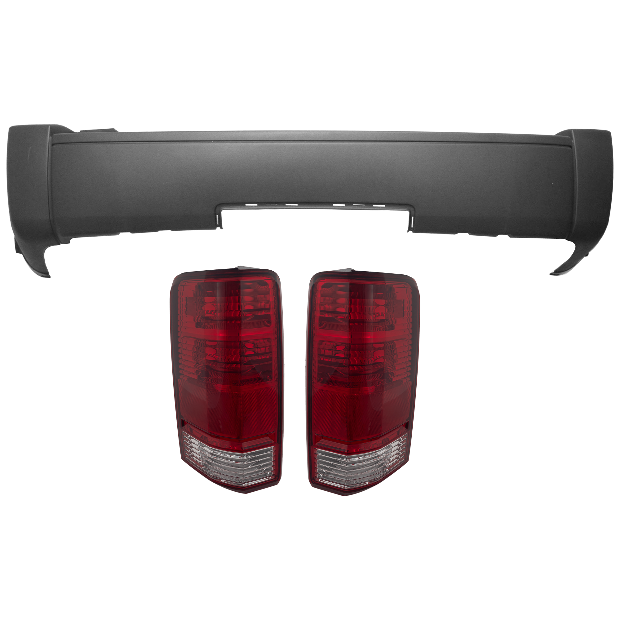 AM NITRO 07-09 REAR BUMPER COVER 3 pc Kit Textured w Tow Hook Hole w o License Plate Provision and Parking Aid Sensor Holes with Tail Light SKU KIT 081526 GB715 Partslink CH1100880 CH2819115 CH2818115 OEM 1FU38CD7AA 55157150AG 55157151