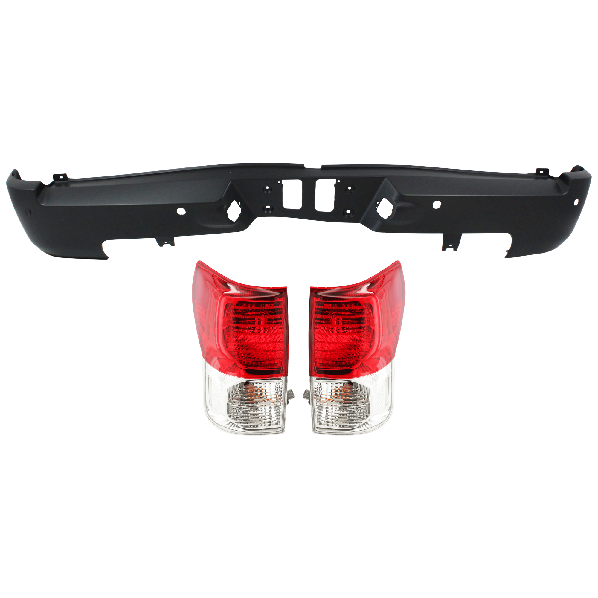 AM TUNDRA 10-13 REAR BUMPER COVER 3 pc Kit Primed w Parking Aid Sensor Holes w o License Plate Provision and Tow Hook Hole with Tail Light SKU KIT 081526 GB716 Partslink TO1100257 TO2801183 TO2800183 OEM 521590C904-815500C090-815600C0