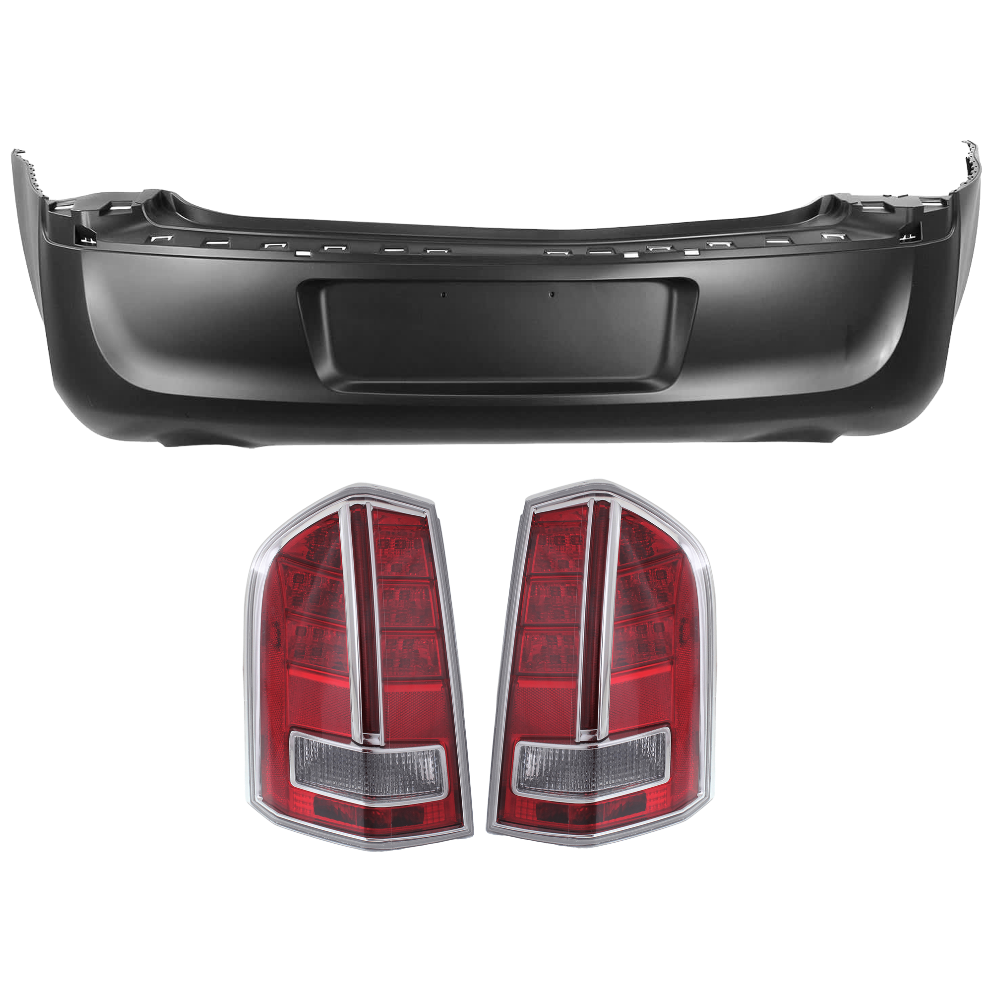 AM CHRYSLER 300-12-13 REAR BUMPER COVER 3 pc Kit Primed w Dual Exhaust Cut Outs and License Plate Provision w o Tow Hook Hole and Parking Aid Sensor Holes with Tail Light CAPA SKU KIT 081526 GB730 OEM 68127950AC 68042170AE PFM 6815