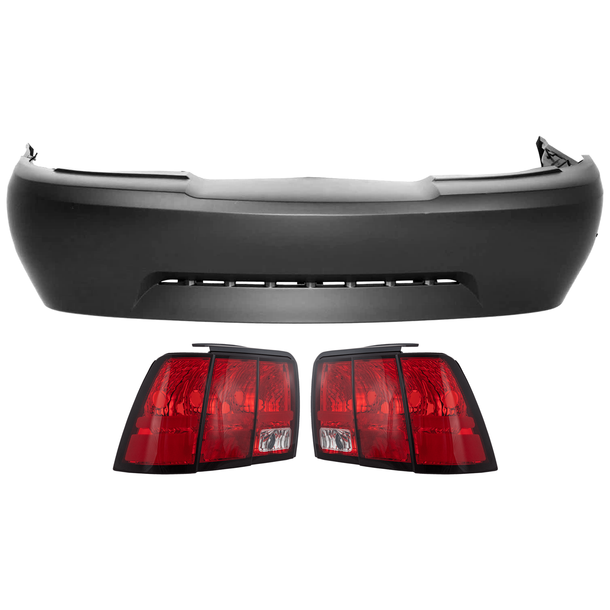 AM MUSTANG 99-04 REAR BUMPER COVER 3 pc Kit Primed w Side Marker Holes w o License Plate Provision Tow Hook Hole and Parking Aid Sensor Holes with Tail Light SKU KIT 081526 GB739 Partslink FO1100284 FO2819109 FO2818109 OEM XR3Z17K835AA 3R3Z13404AA 3R3Z1