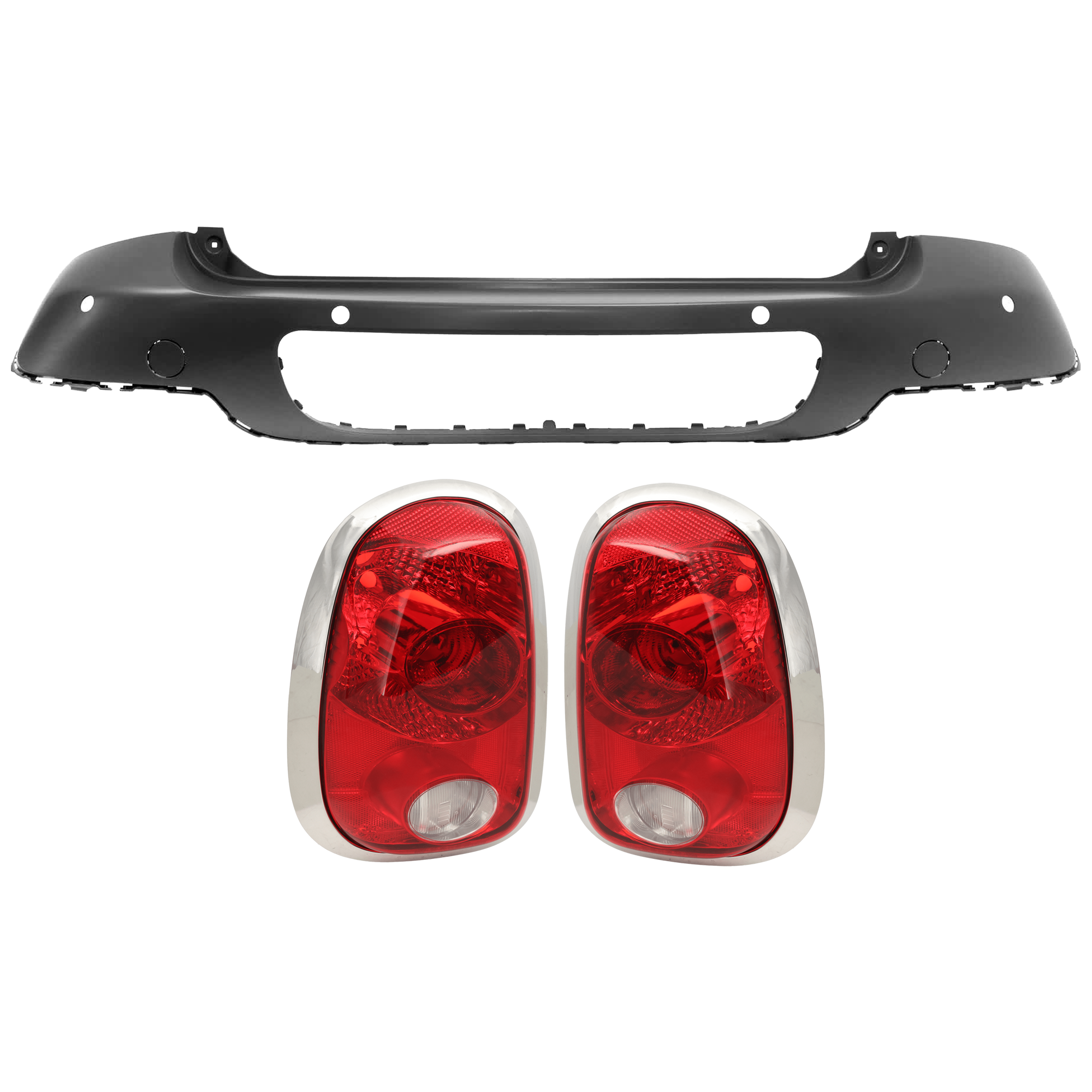 AM COOPER COUNTRYMAN 11-16 REAR BUMPER COVER 3 pc Kit Primed w Parking Aid Sensor Holes with Tail Light SKU KIT 081526 GB742 Partslink MC1100141 MC2819103 MC2818103 OEM 51129806645-63219808152 PFM 63