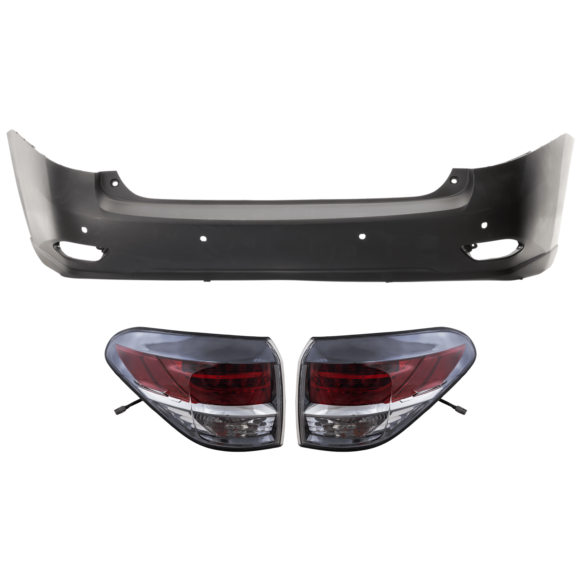 AM RX350 RX450H 13-15 REAR BUMPER COVER 3 pc Kit Primed w Parking Aid Sensor Holes w o License Plate Provision and Tow Hook Hole with Tail Light CAPA SKU KIT 081526 GB748 Partslink LX1100143C LX2805112C LX2804112C OEM 521050E903-815500E090-815600E0