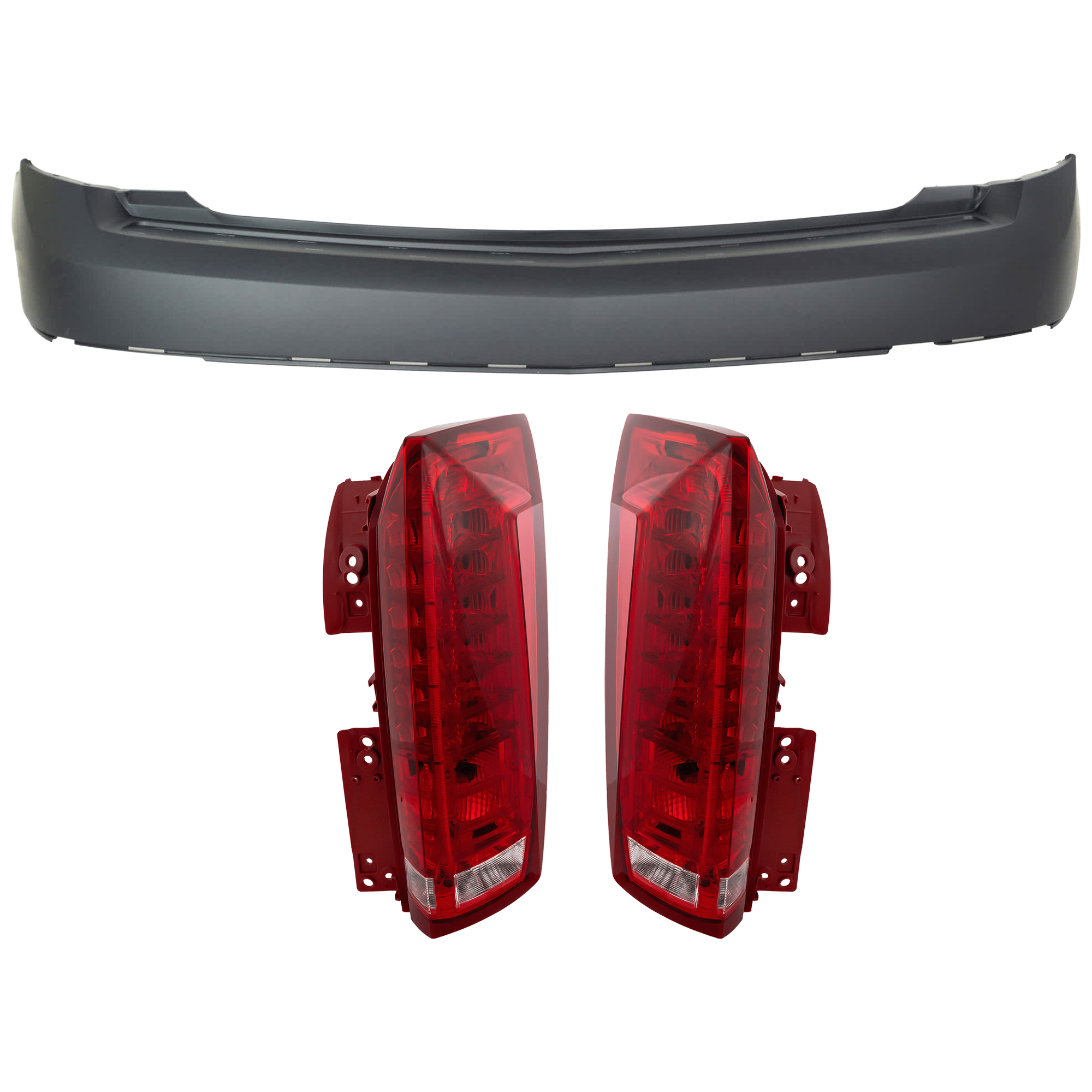 AM SRX 13-16 REAR BUMPER COVER Upper 3 pc Kit Primed w o Parking Aid Sensor Holes with Tail Light SKU KIT 081526 GB770 Partslink GM1100954 GM2801255 GM2800255 OEM 22764076-22774015-22774014