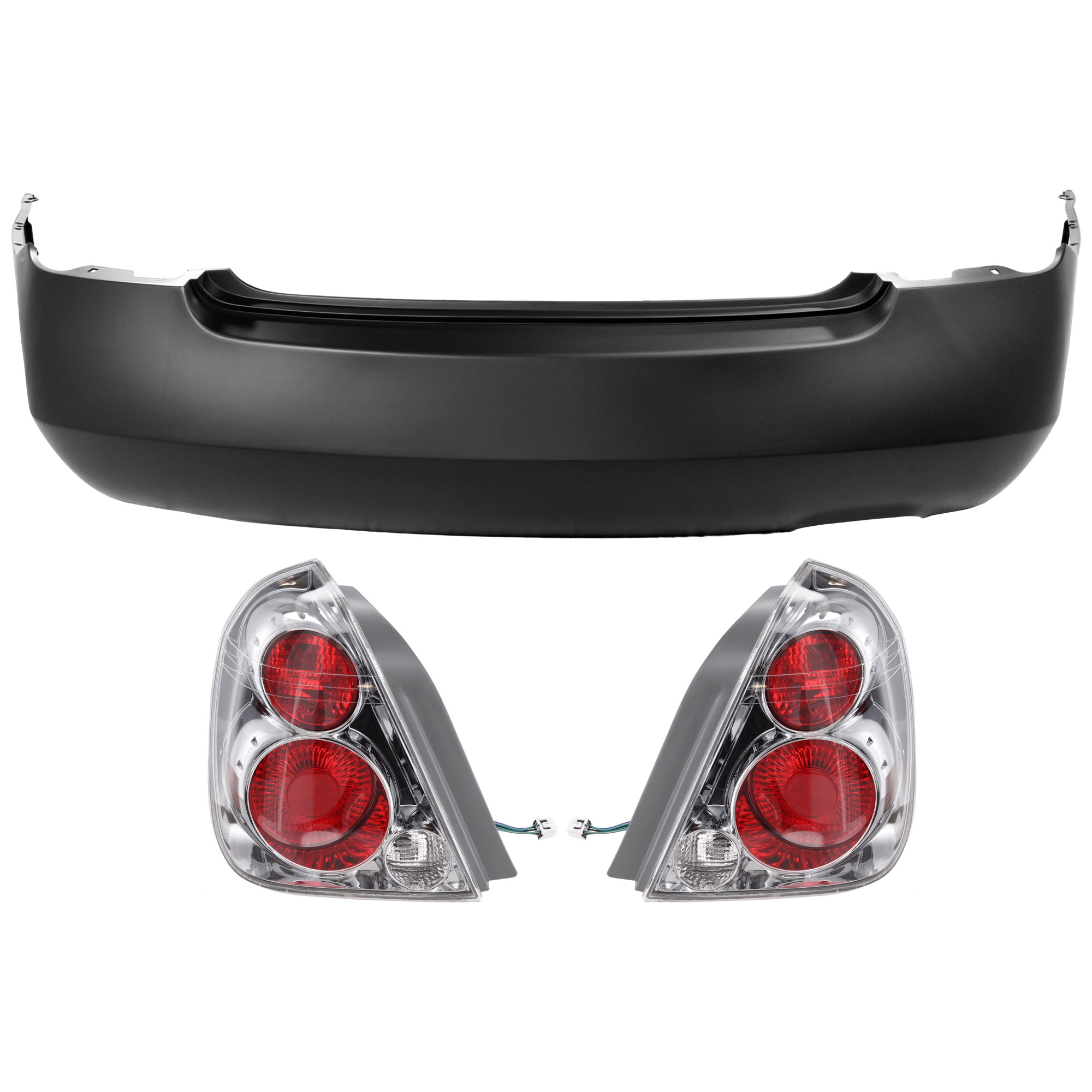 AM ALTIMA 05-06 REAR BUMPER COVER 3 pc Kit Primed w o License Plate Provision Tow Hook Hole and Parking Aid Sensor Holes with Tail Light SKU KIT 081526 GB771 Partslink NI1100225 NI2801164 NI2800164 OEM 850228J040-26550ZB025-26555ZB0