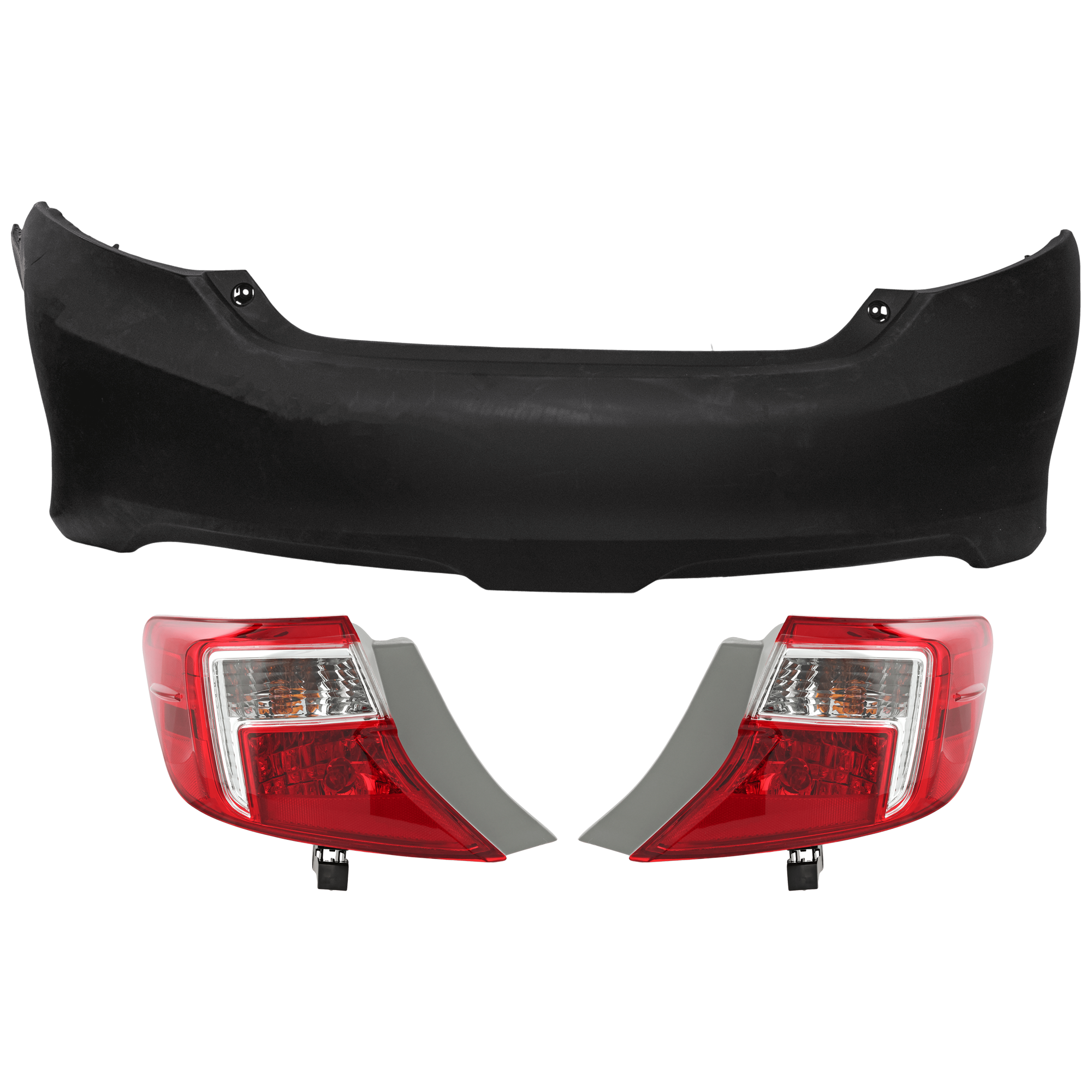 AM CAMRY 12-14 REAR BUMPER COVER 3 pc Kit Primed w o License Plate Provision Tow Hook Hole and Parking Aid Sensor Holes with Tail Light SKU KIT 081526 GB772 Partslink TO1100297 TO2805114 TO2804114 OEM 5215906963-8155006470-81560064