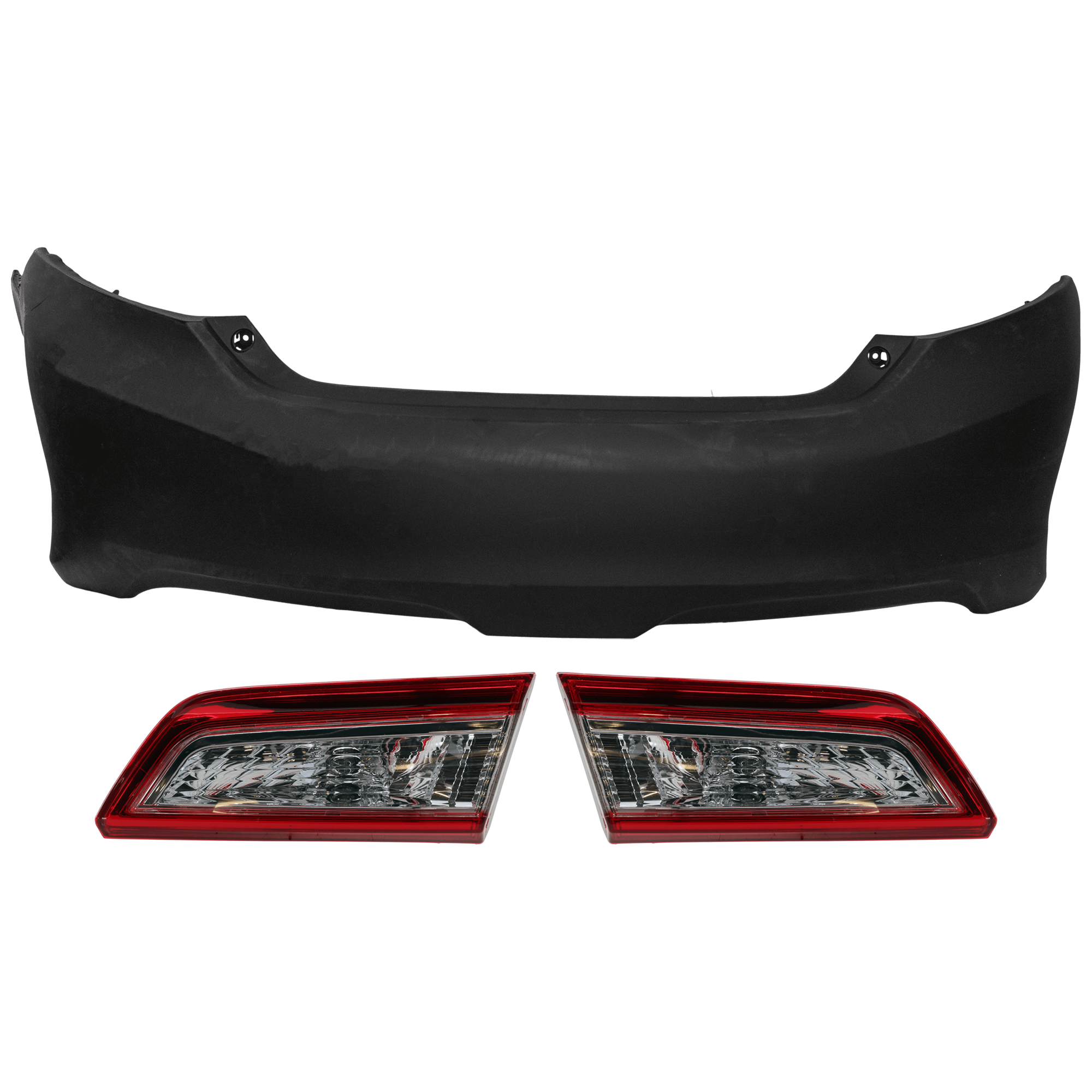 AM CAMRY 12-14 REAR BUMPER COVER 3 pc Kit Primed w o License Plate Provision Tow Hook Hole and Parking Aid Sensor Holes with Tail Light SKU KIT 081526 GB773 Partslink TO1100297 TO2803111 TO2802111 OEM 5215906963-8158006380-81590063