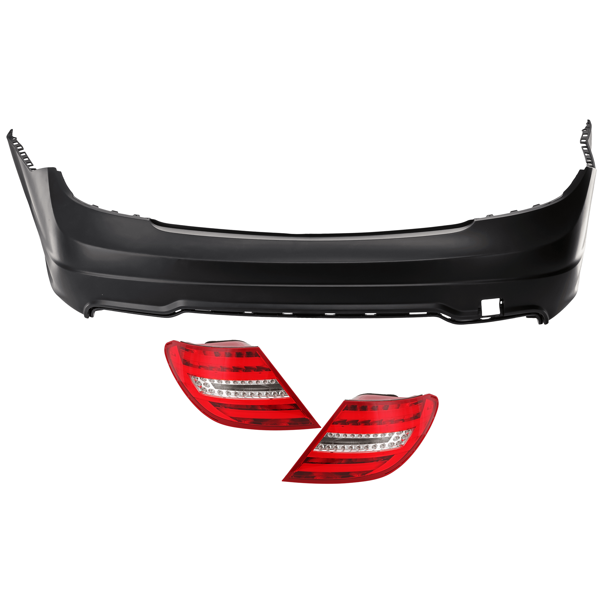 AM C250 C350-12-15 REAR BUMPER COVER 3 pc Kit Primed w Tow Hook Hole w o License Plate Provision and Parking Aid Sensor Holes with Tail Light SKU KIT 081526 GB786 Partslink MB1100287 MB2801135 MB2800135 OEM 20488091479999-204880914764999