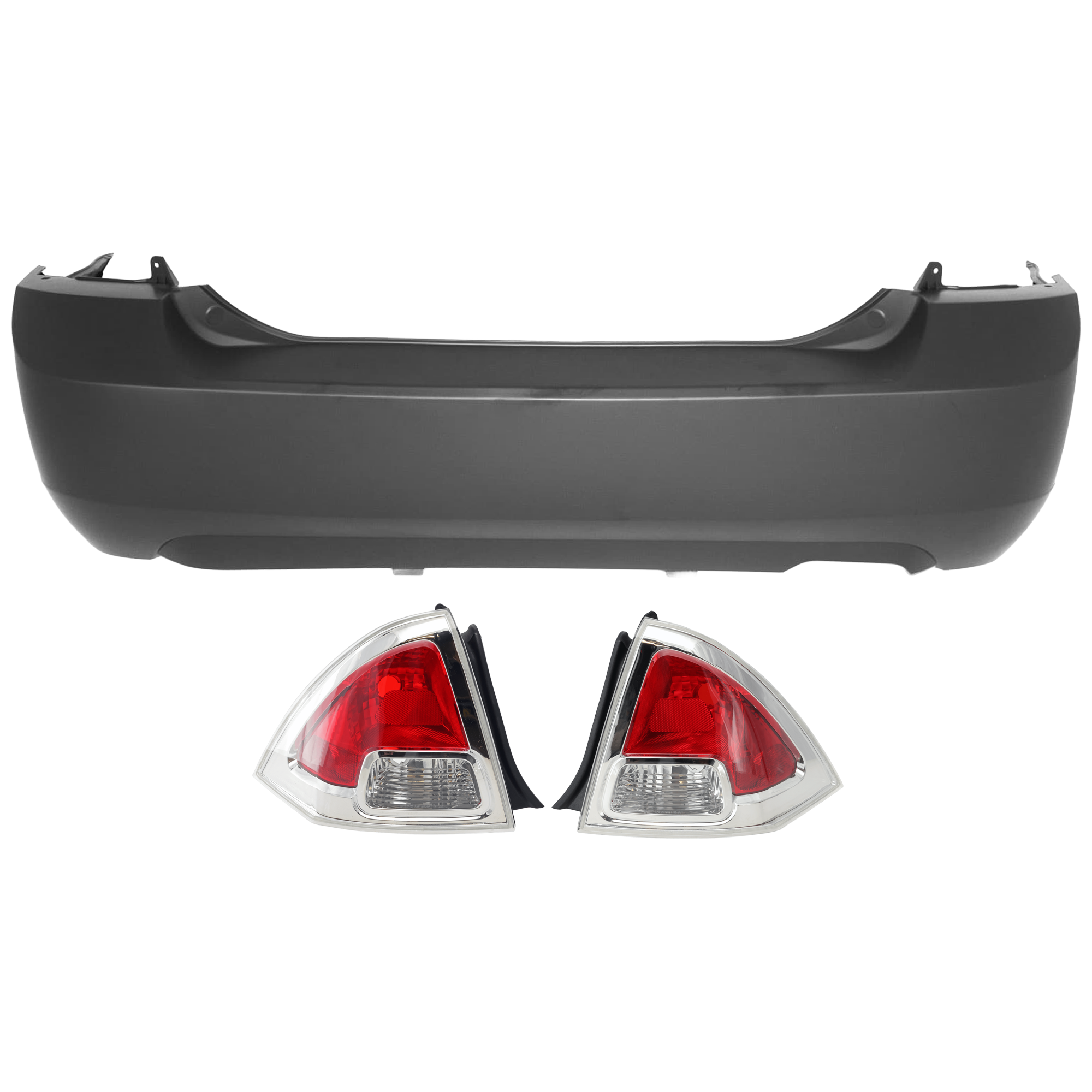 AM FUSION 06-09 REAR BUMPER COVER 3 pc Kit Primed 2.3L Eng. w o Parking Aid Sensor Holes with Tail Light SKU KIT 081526 GB787 Partslink FO1100592 FO2819113 FO2818123 OEM 8E5Z17K835GAPTM 6E5Z13404B 6E5
