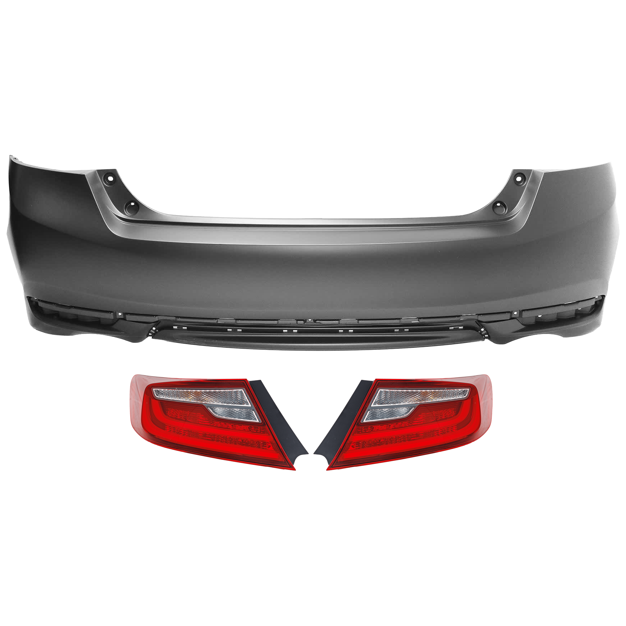 AM ACCORD 16-17 REAR BUMPER COVER 3 pc Kit Primed w o Parking Aid Sensor Holes with Tail Light SKU KIT 081526 GB797 Partslink HO1100291 HO2801192 HO2800192 OEM 71501T2FA60ZZ 33500T3LA11-3355