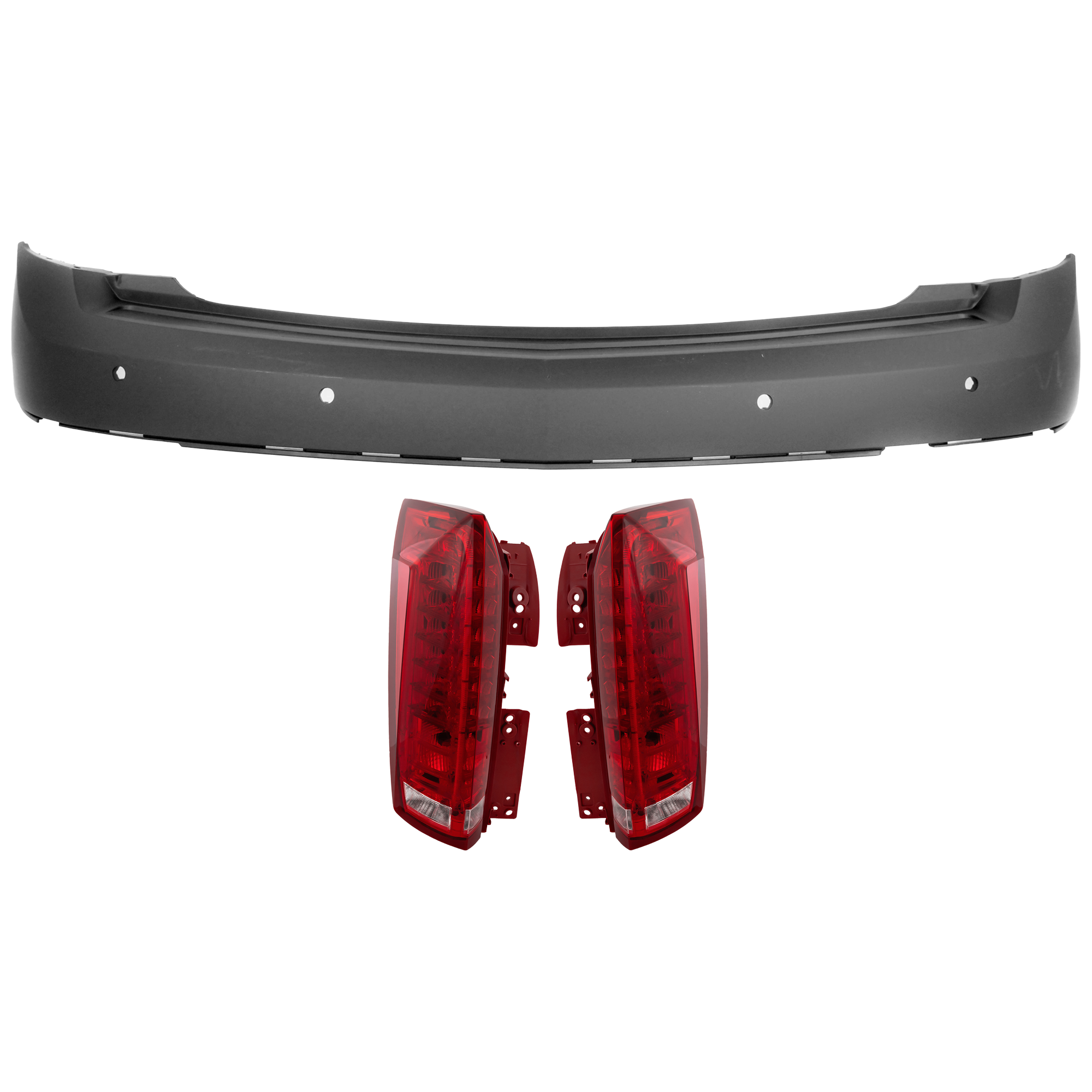 AM SRX 13-16 REAR BUMPER COVER Upper 3 pc Kit Primed w Parking Aid Sensor Holes with Tail Light SKU KIT 081526 GB798 Partslink GM1100955 GM2801255 GM2800255 OEM 22764066-22774015-22774014