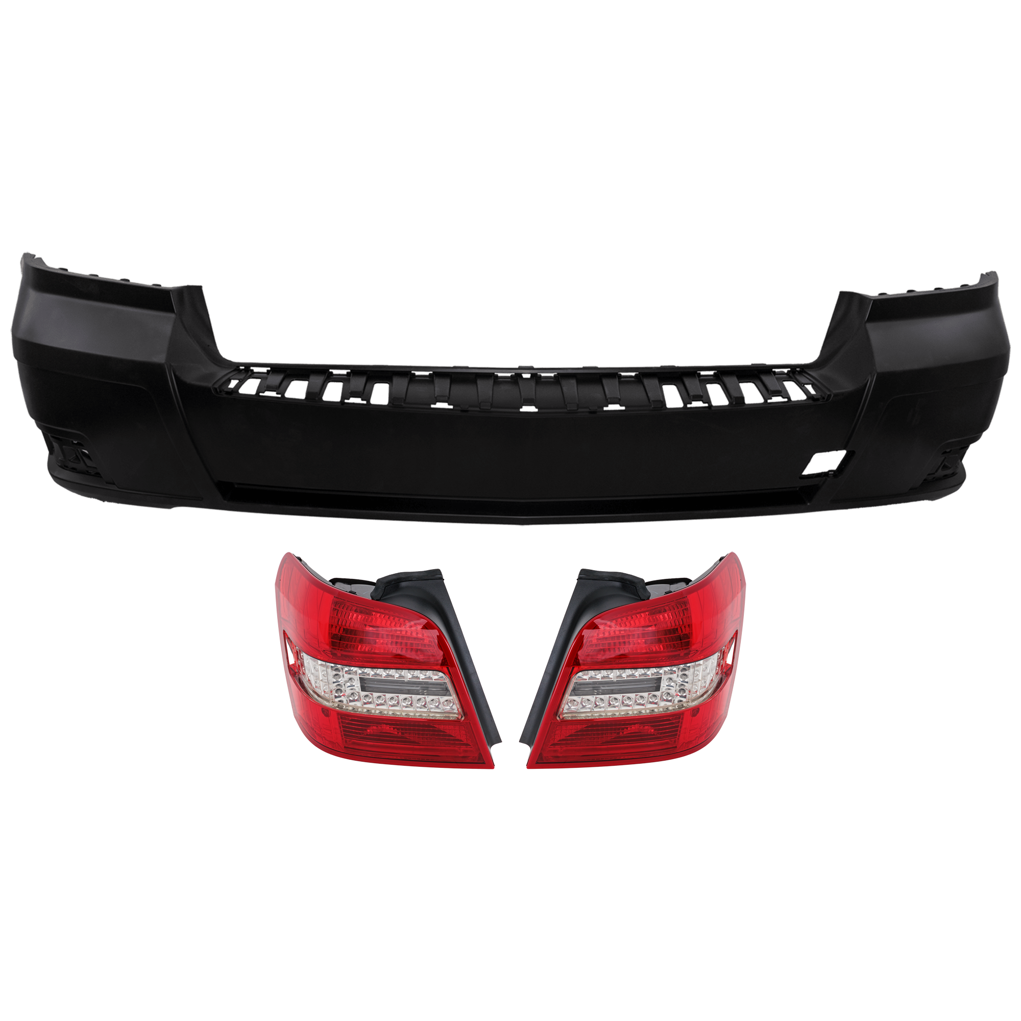 AM GLK350-10-12 REAR BUMPER COVER 3 pc Kit Primed w o Parking Aid Sensor Holes with Tail Light SKU KIT 081526 GB805 Partslink MB1100280 MB2801137 MB2800137 OEM 20488515259999-204820346464-20