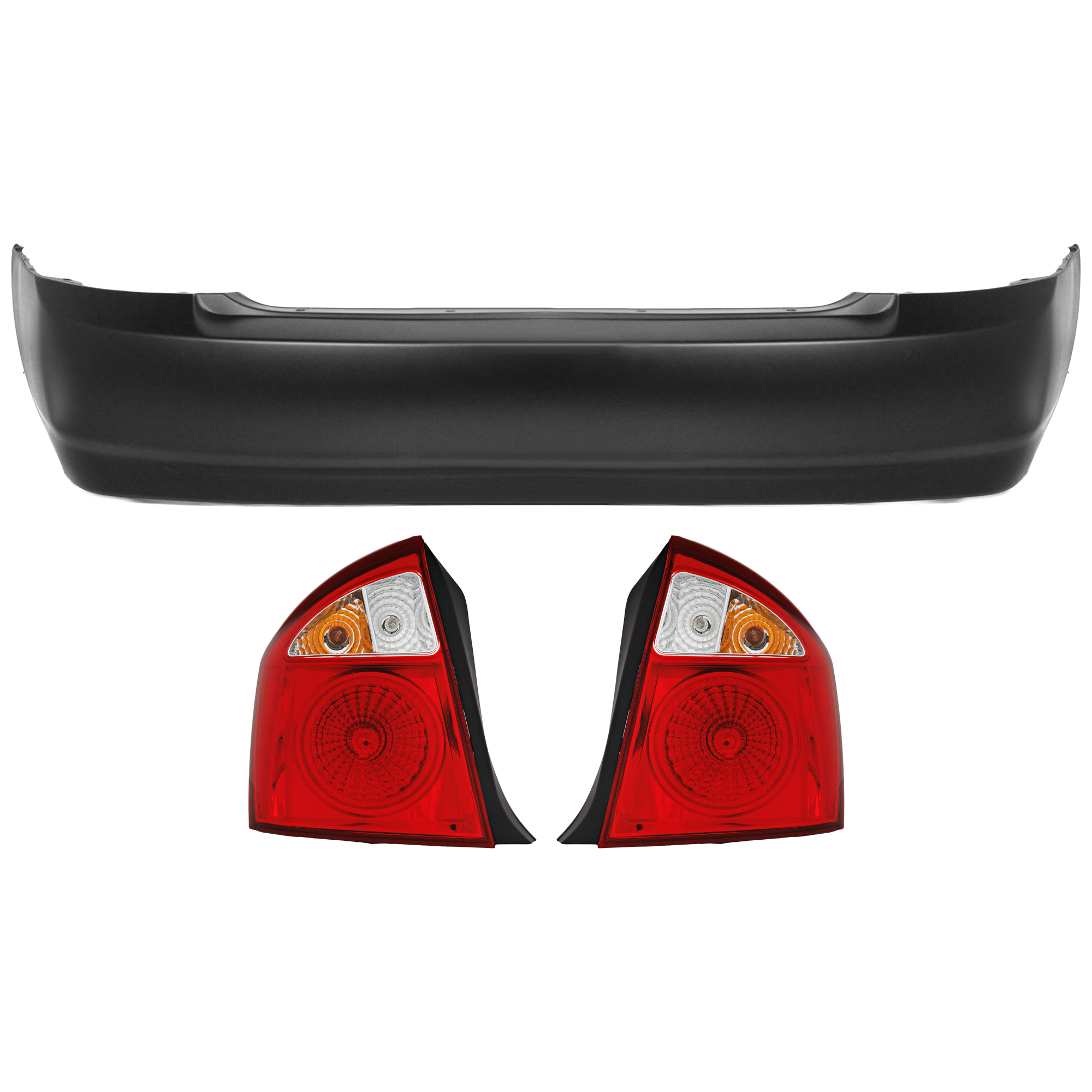 AM SPECTRA 04-06 REAR BUMPER COVER 3 pc Kit Primed w o License Plate Provision Tow Hook Hole and Parking Aid Sensor Holes with Tail Light SKU KIT 081526 GB808 Partslink KI1100124 KI2801123 KI2800123 OEM 866112F000-924022F020-924012F0