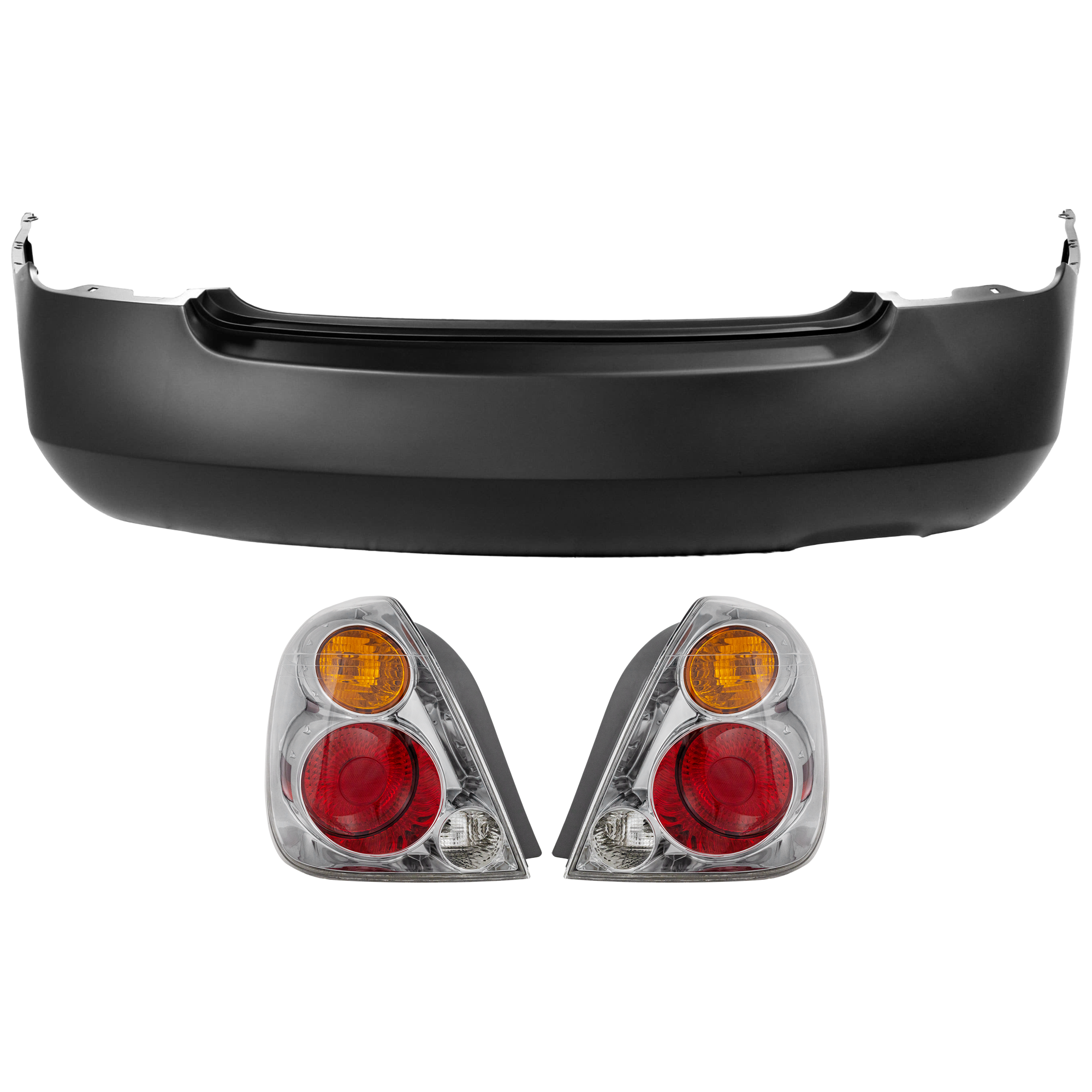 AM ALTIMA 02-04 REAR BUMPER COVER 3 pc Kit Primed w o License Plate Provision Tow Hook Hole and Parking Aid Sensor Holes with Tail Light SKU KIT 081526 GB816 Partslink NI1100225 NI2801154 NI2800154 OEM 850228J040-265508J025-265558J0